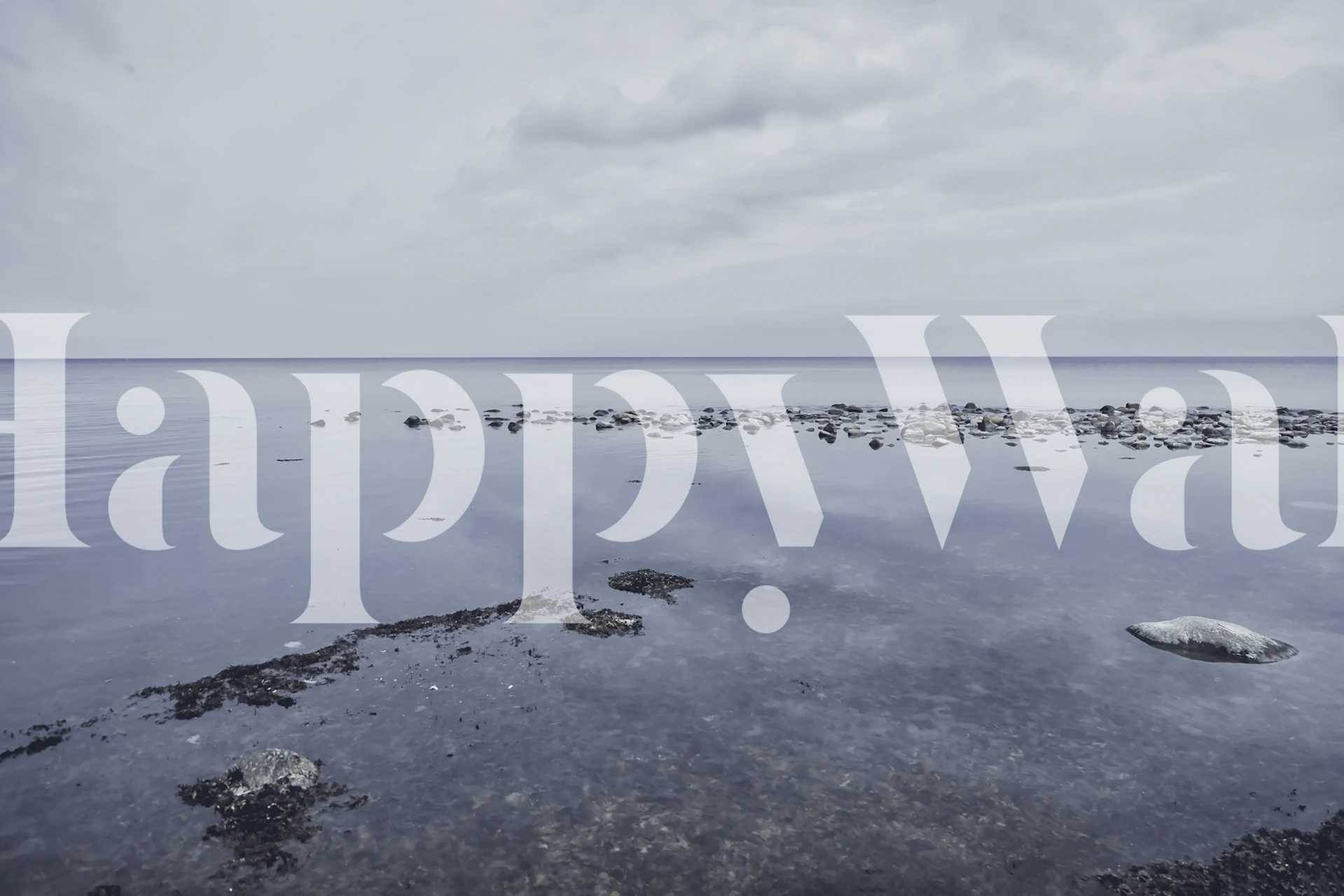 Seascape with grey tones, rocks, and calm water wallpaper