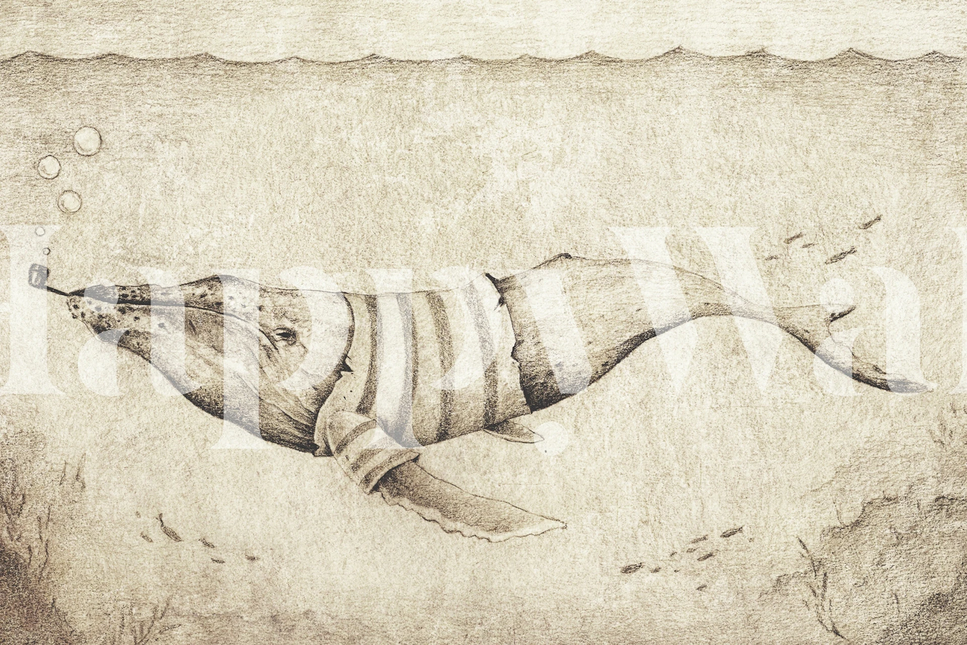 Vintage-style wall mural depicting a whale swimming in the ocean