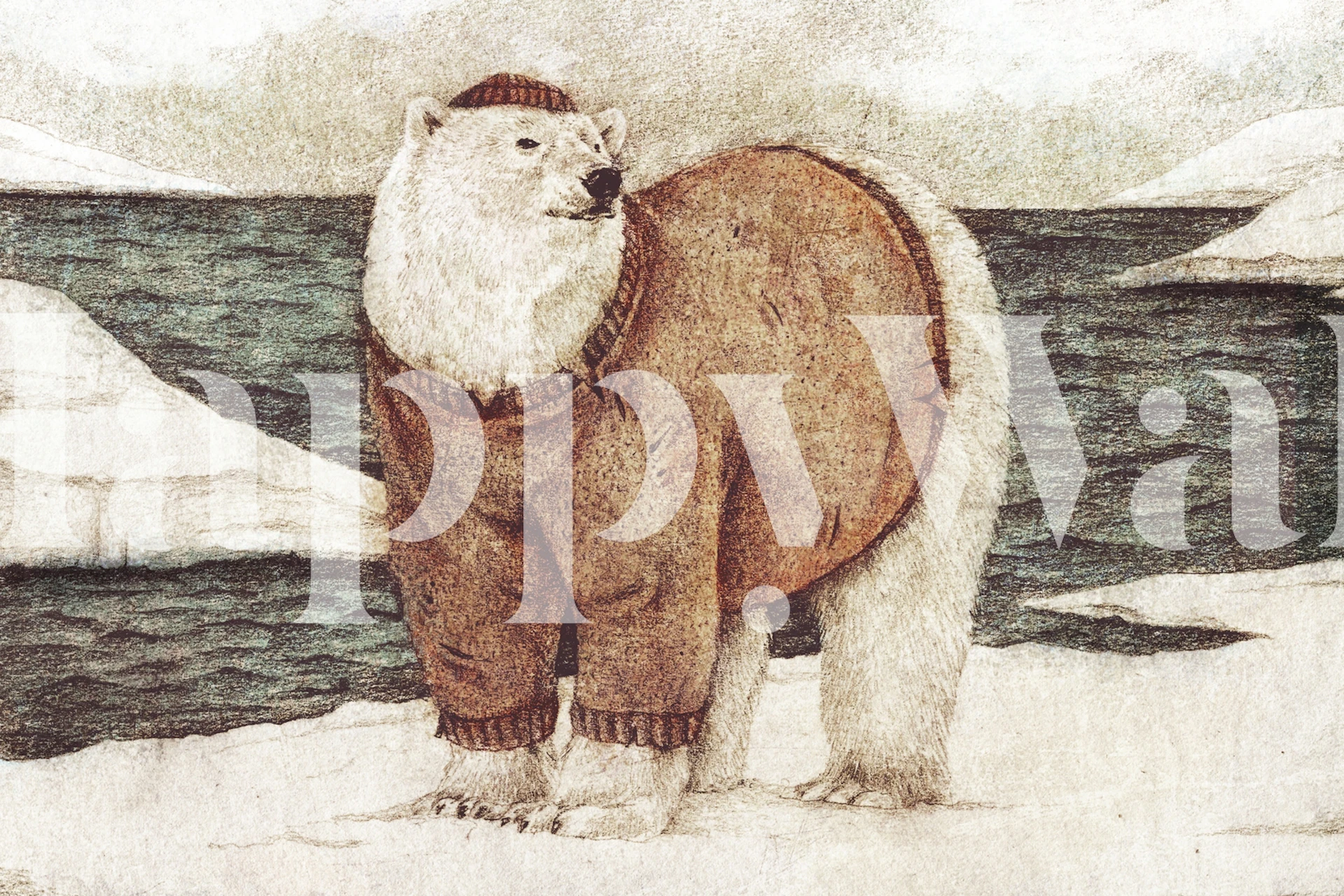 Polar bear in brown sweater against icy water and snow wallpaper