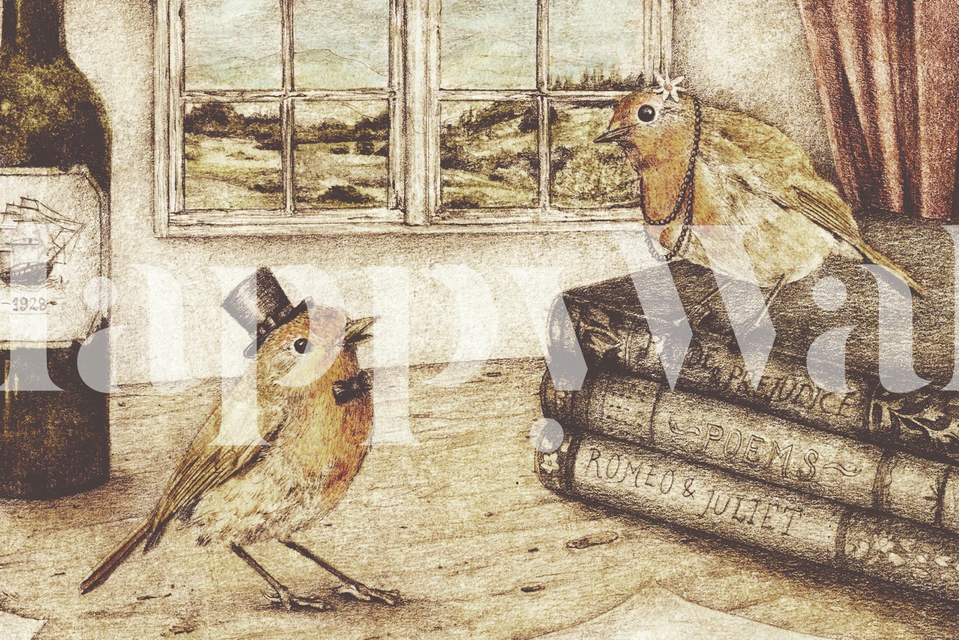 Papel de parede fantasioso com pássaros fofos