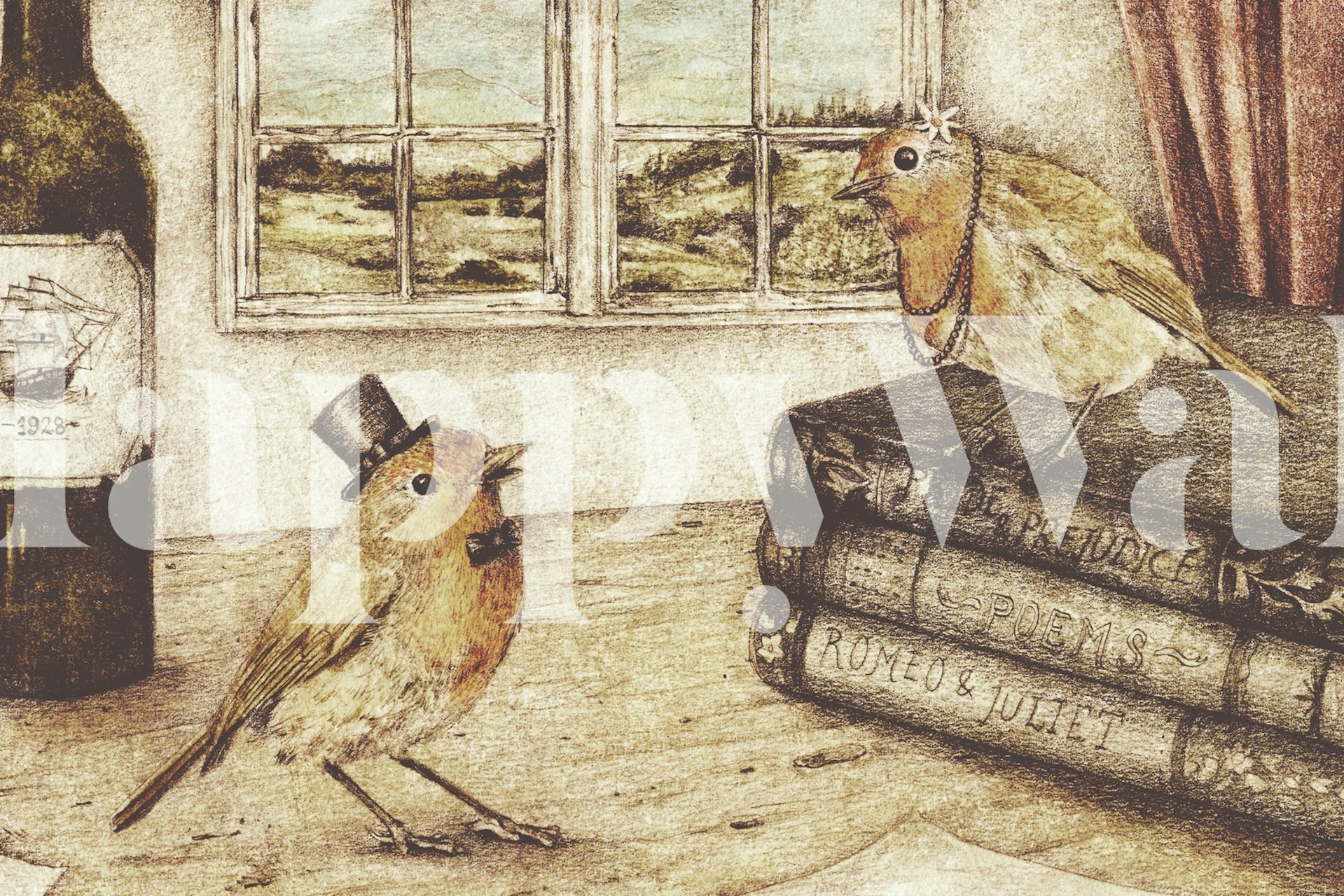 Whimsical wallpaper featuring cute birds