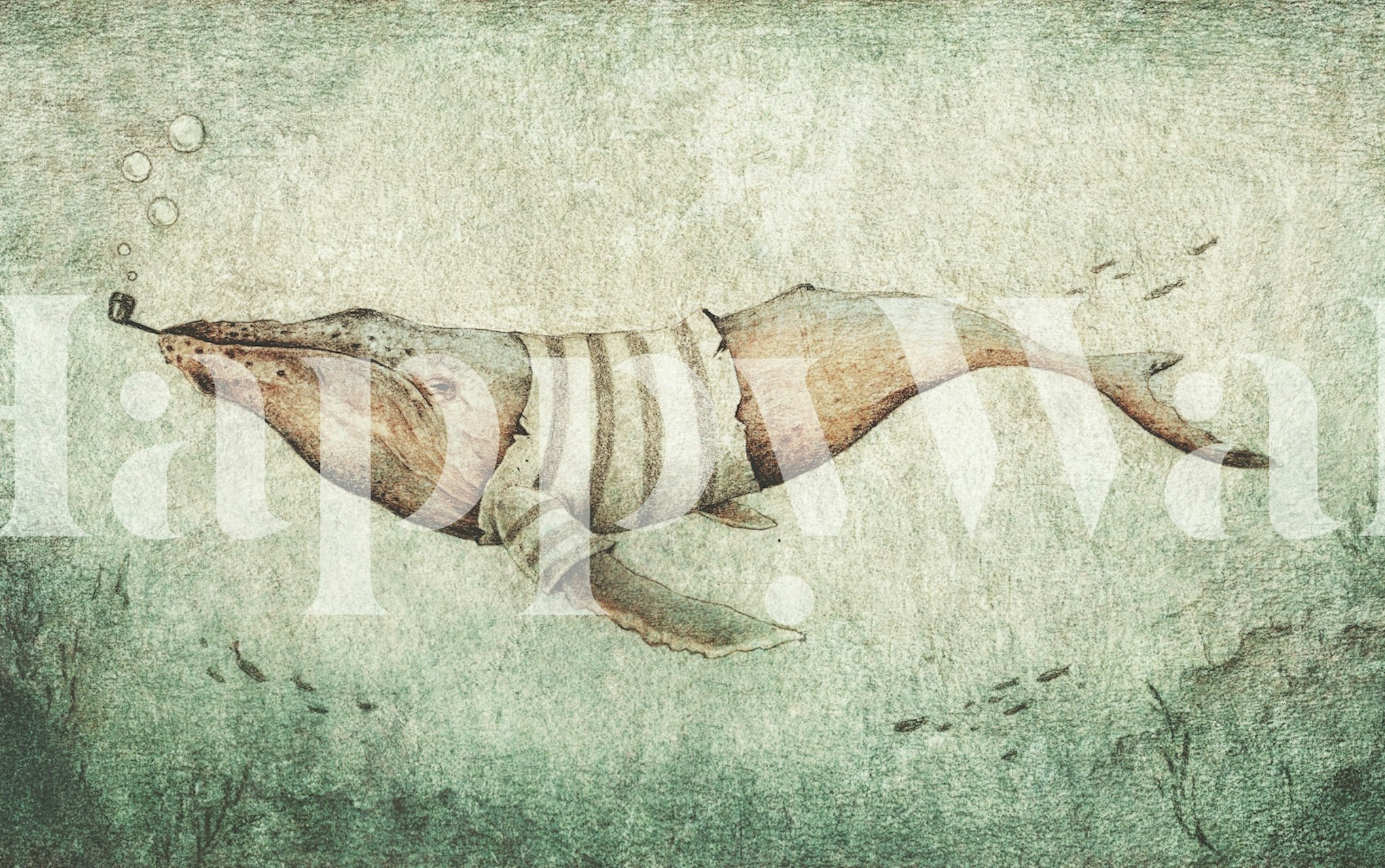 Whale swimming underwater in striped sweater wallpaper