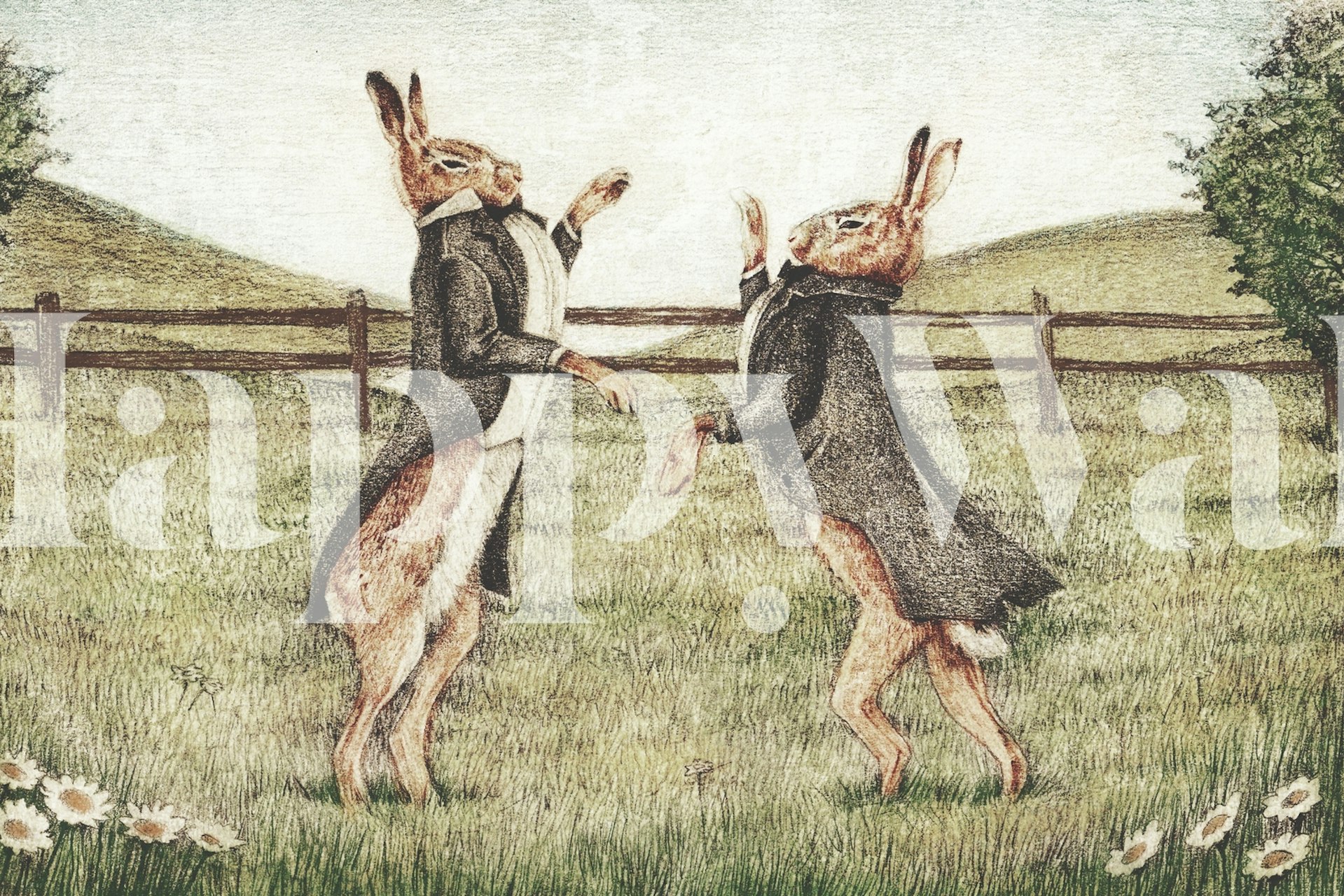 Παιχνιδιάρικη ταπετσαρία με δύο κουνέλια σε παλτό