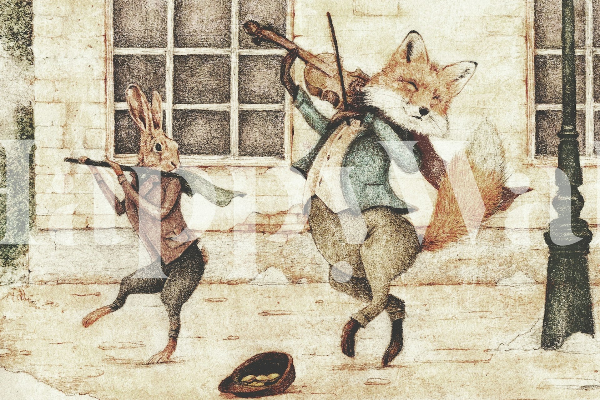 Tapeta s podivnými zvířecími hudebníky v pokoji