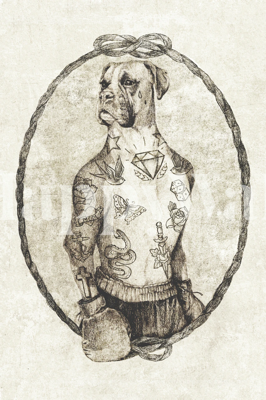 Boxer dog with tattoos on chest in an oval frame wallpaper
