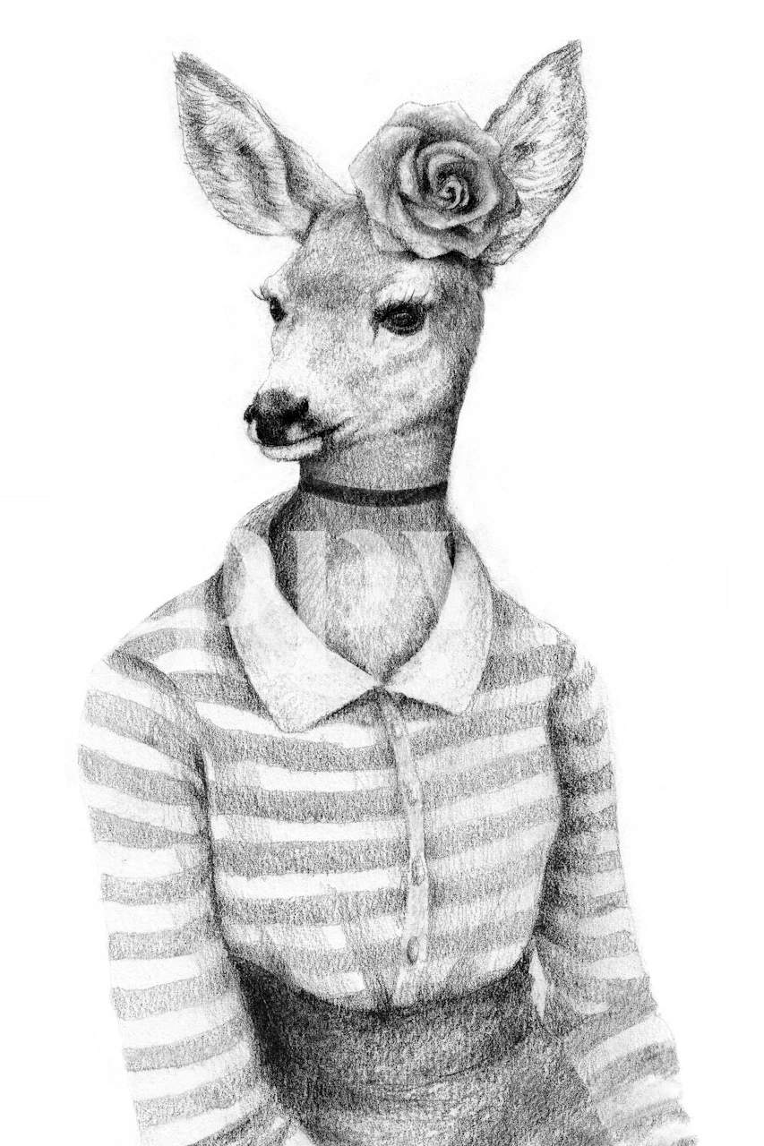 Whimsical deer portrait illustration in black and white wallpaper