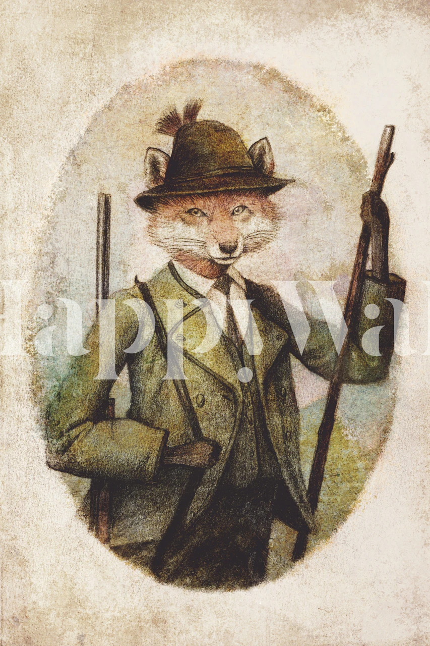 Vintage fox dressed as a hunter in earthy tones wallpaper