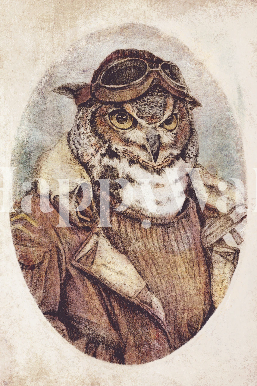 Owl in aviator gear wallpaper in a room