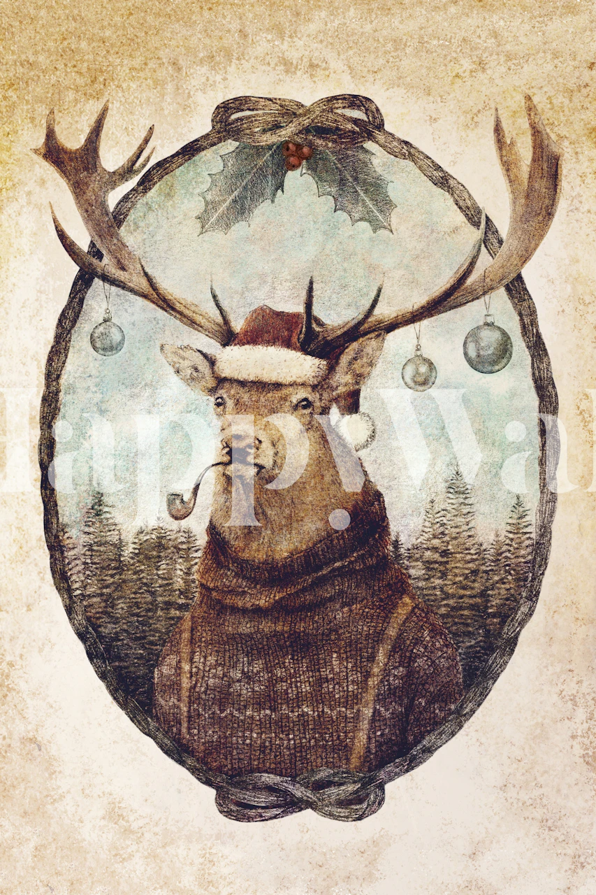 Vintage holiday stag with ornaments and holly wallpaper
