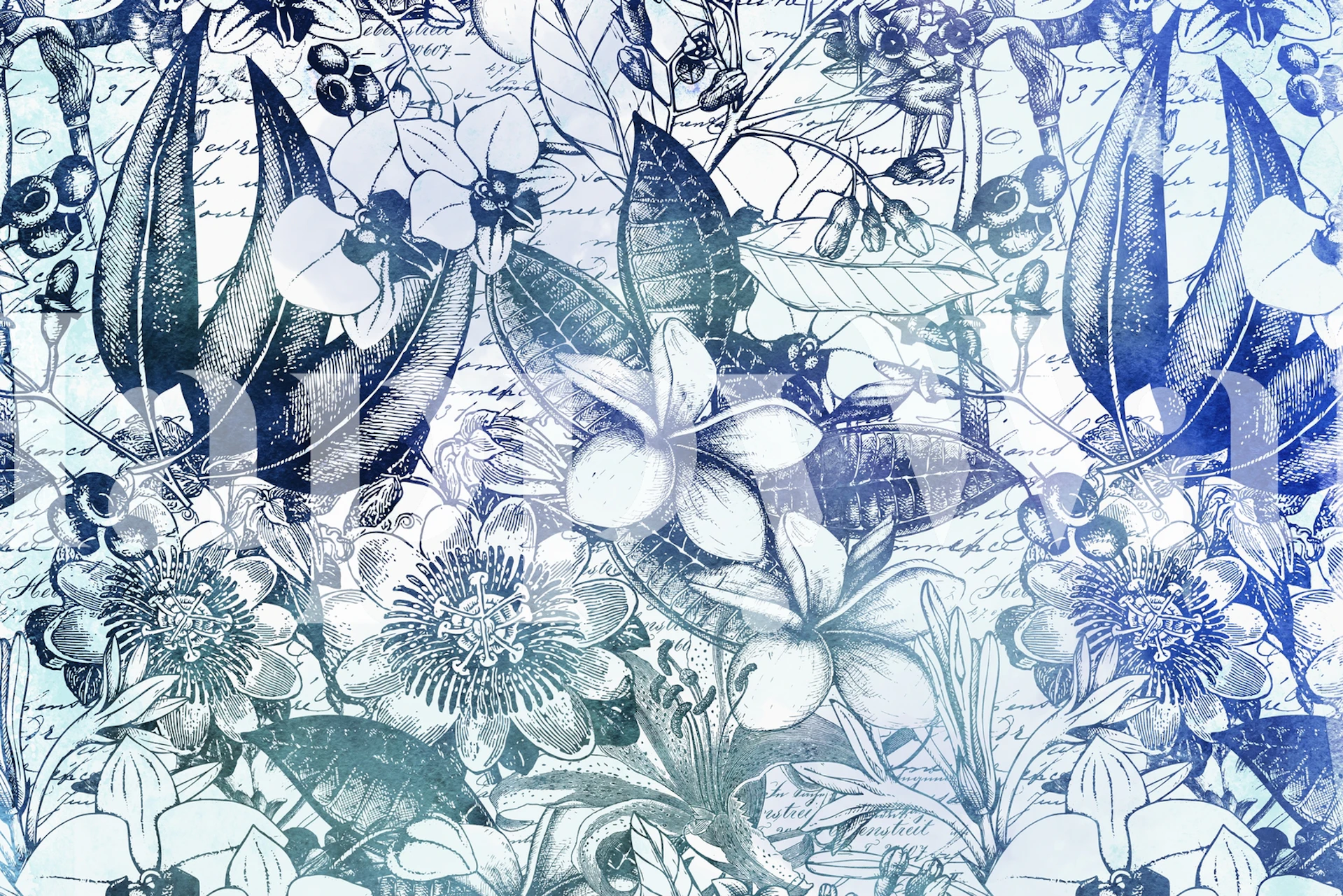 Vintage-style botanical wall mural with blue tones featuring leaves, birds, and florals