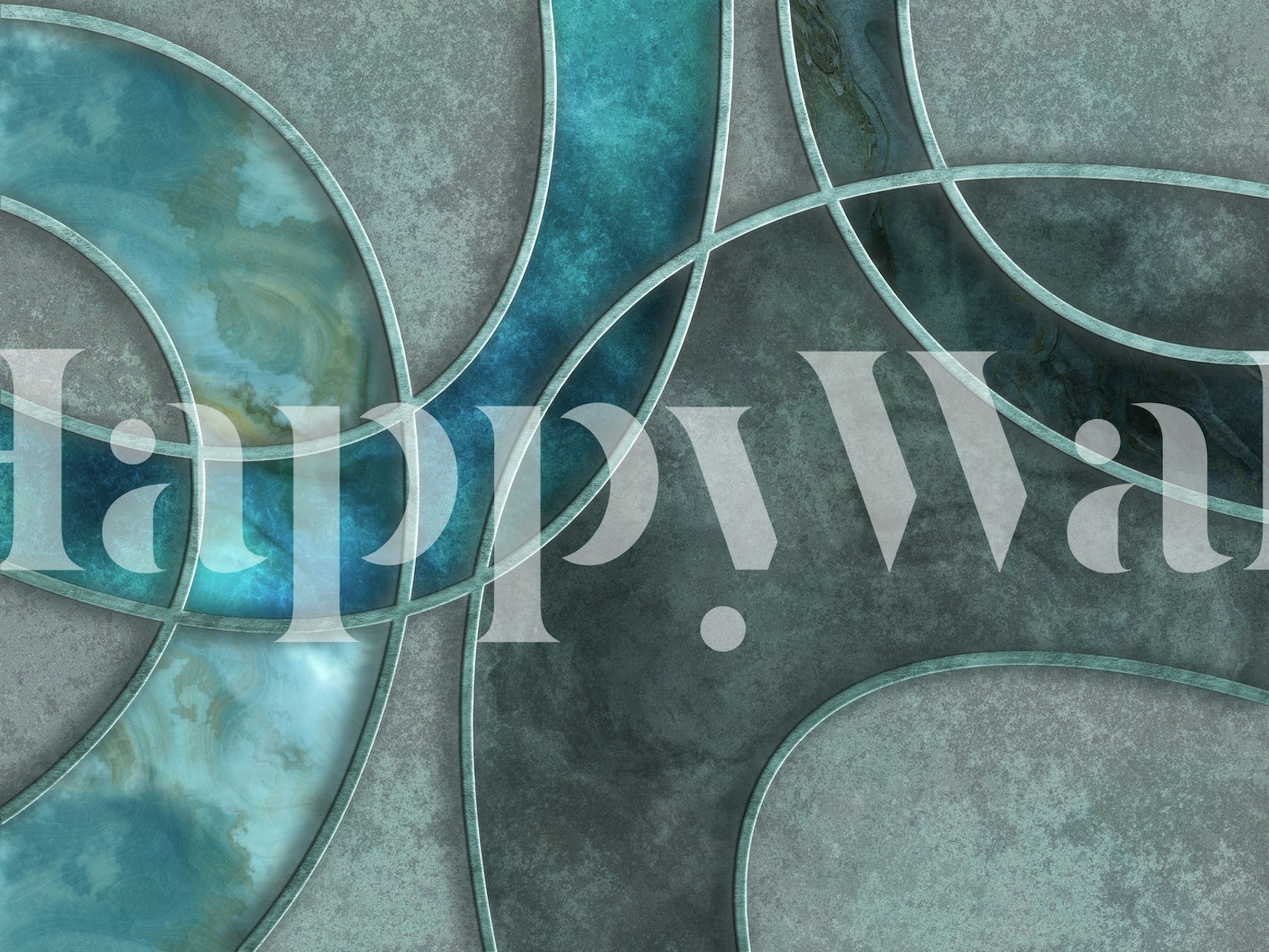 Abstraktní nástěnná malba s uměleckým designem tyrkysových a modrozelených tvarů