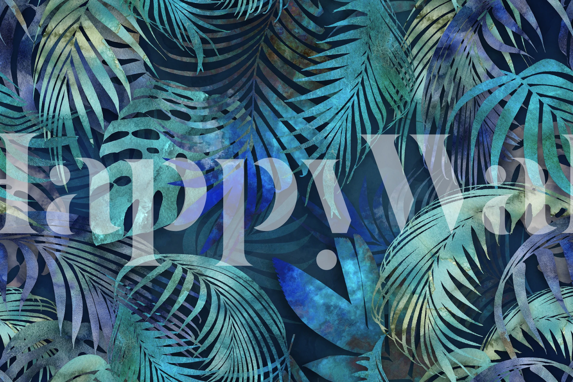 Tropical jungle green leaves wallpaper in teal and blue hues