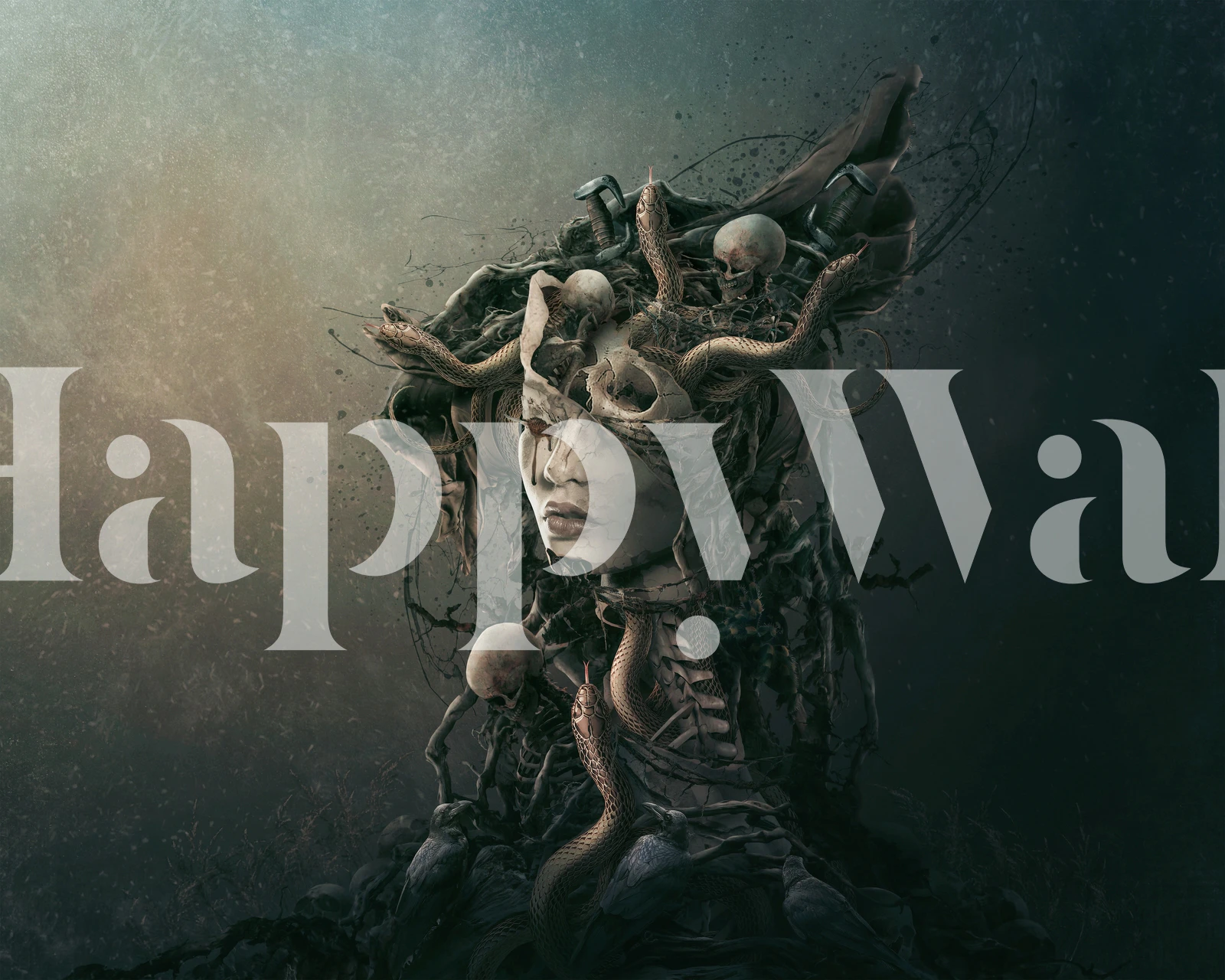 Mural décoratif avec crâne, éléments organiques et têtes de mort, style artistique, wallpaper