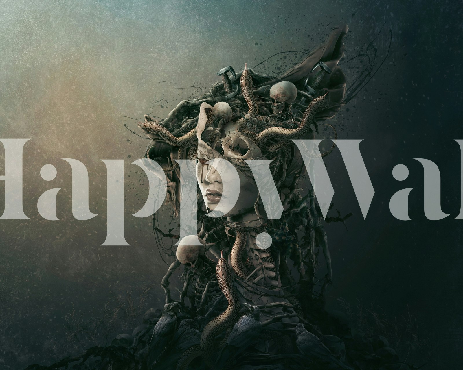 Mural décoratif avec crâne, éléments organiques et têtes de mort, style artistique, wallpaper