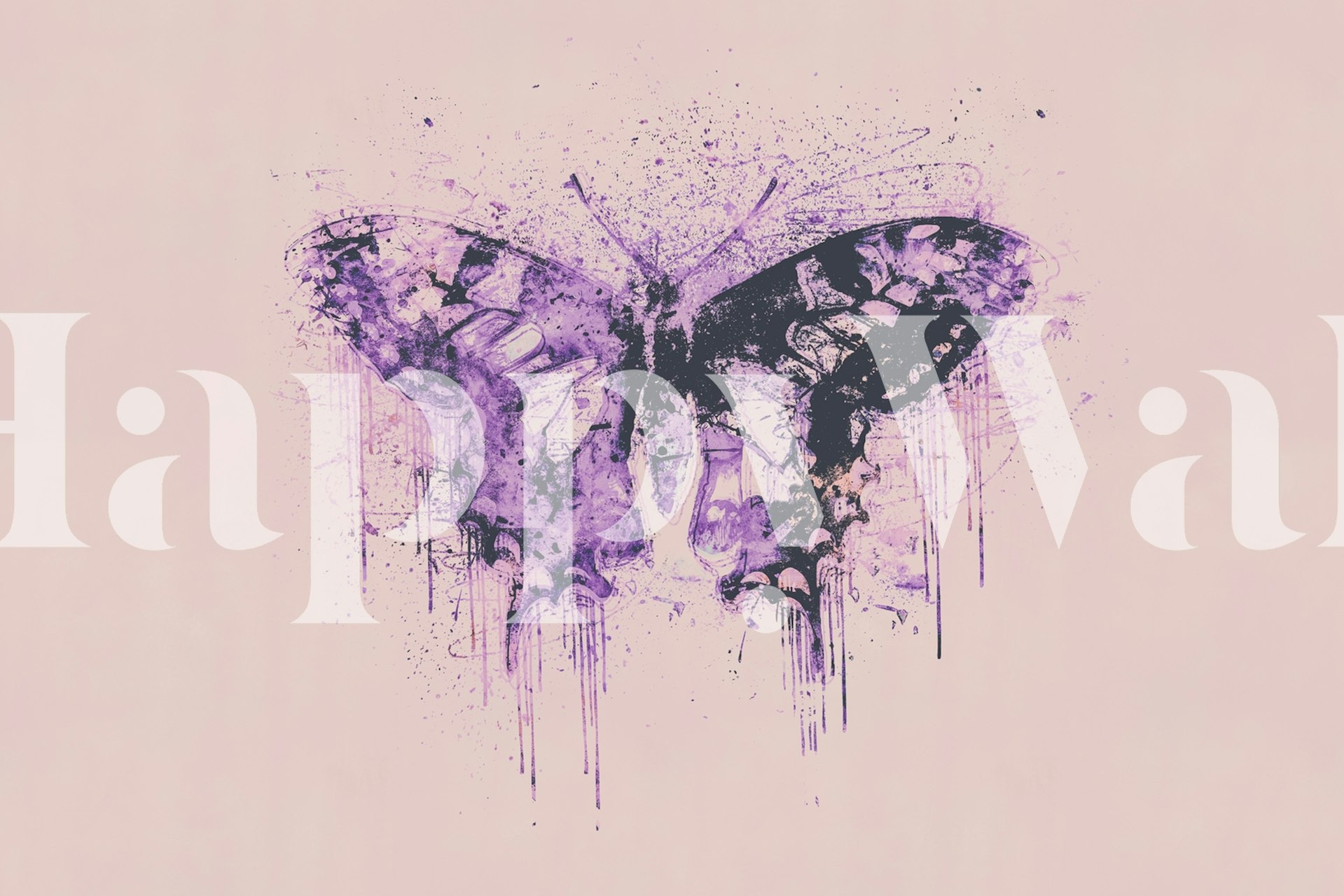 Purple butterfly with splashes of color on pink background wallpaper