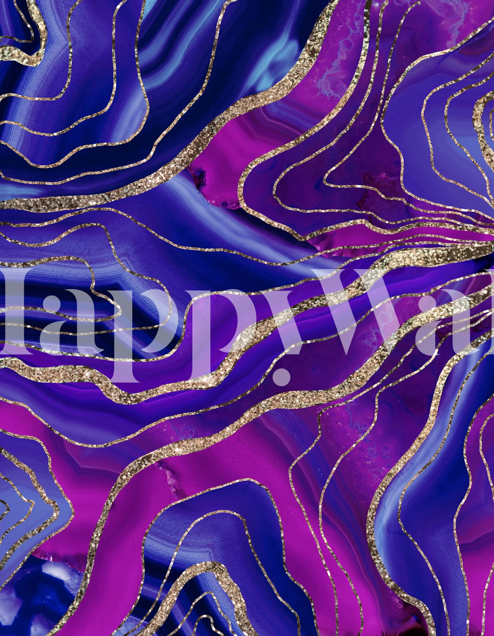 Galaxy Nebula Agate Glitter wall mural showcasing rich purple and blue swirls with gold accents