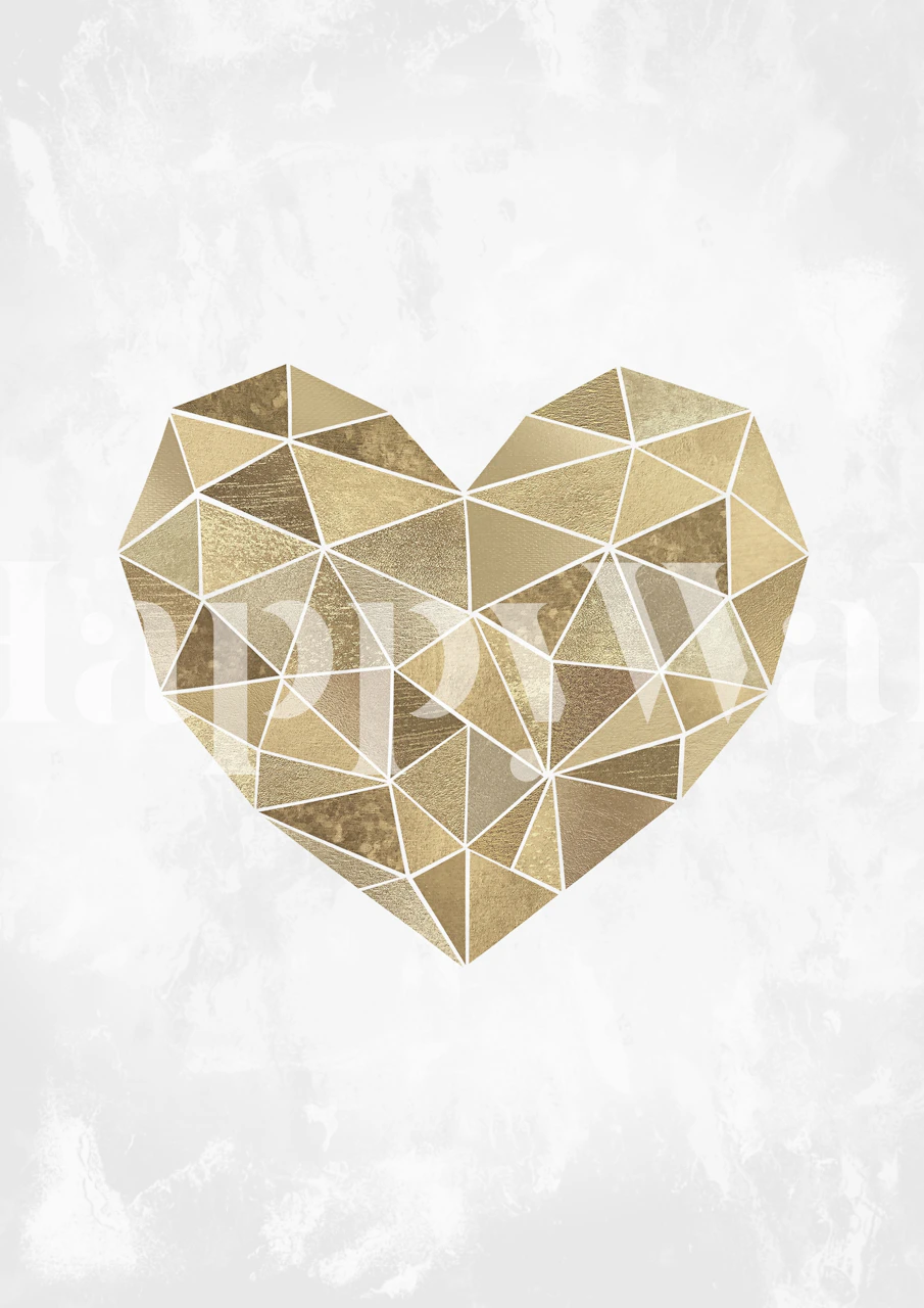 Geometrinen kultainen sydänseinämaalaus kuvioidulla taustalla