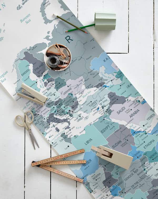 World Map in Teal wallpaper roll