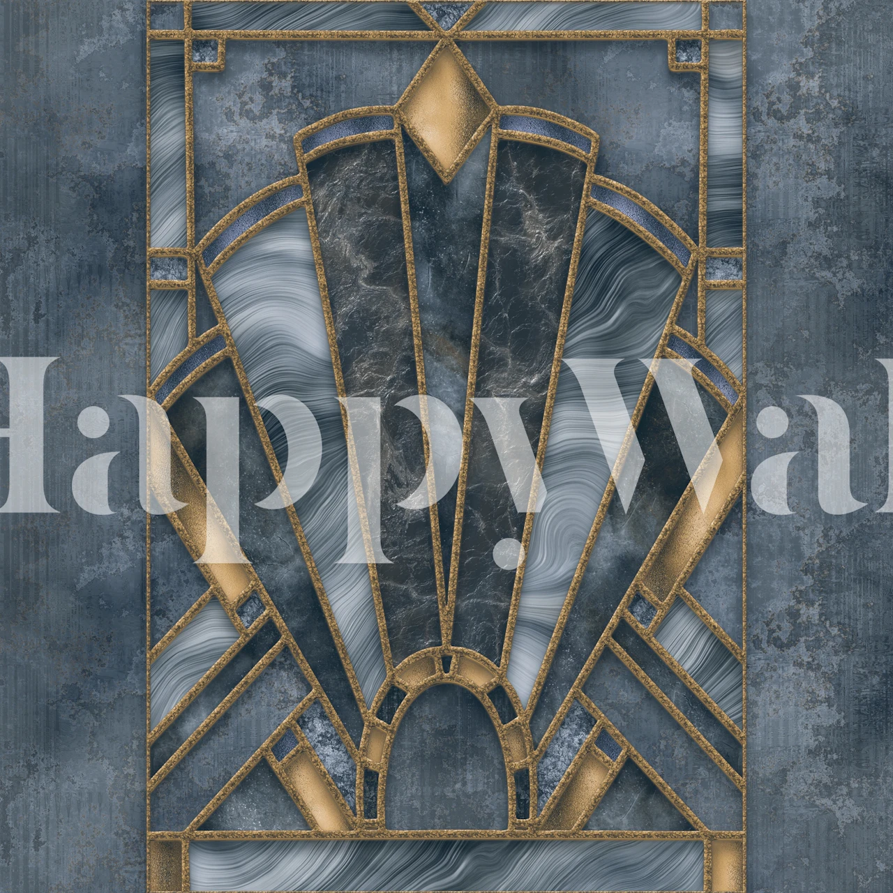 Art Deco stained glass window design featuring blues and golds wallpaper