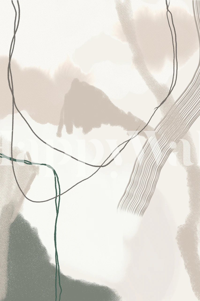 Abstract lines and shapes in beige, green, and white wallpaper