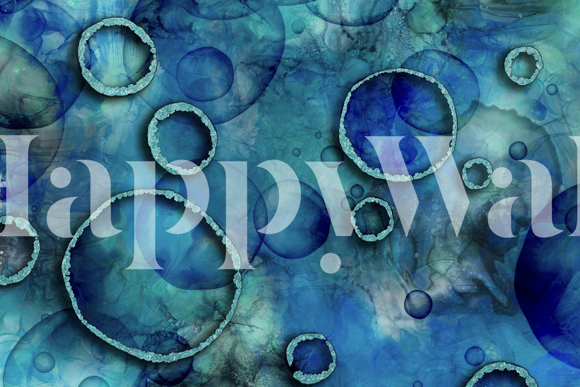 Abstract ink painting wall mural with deep blues and swirling patterns