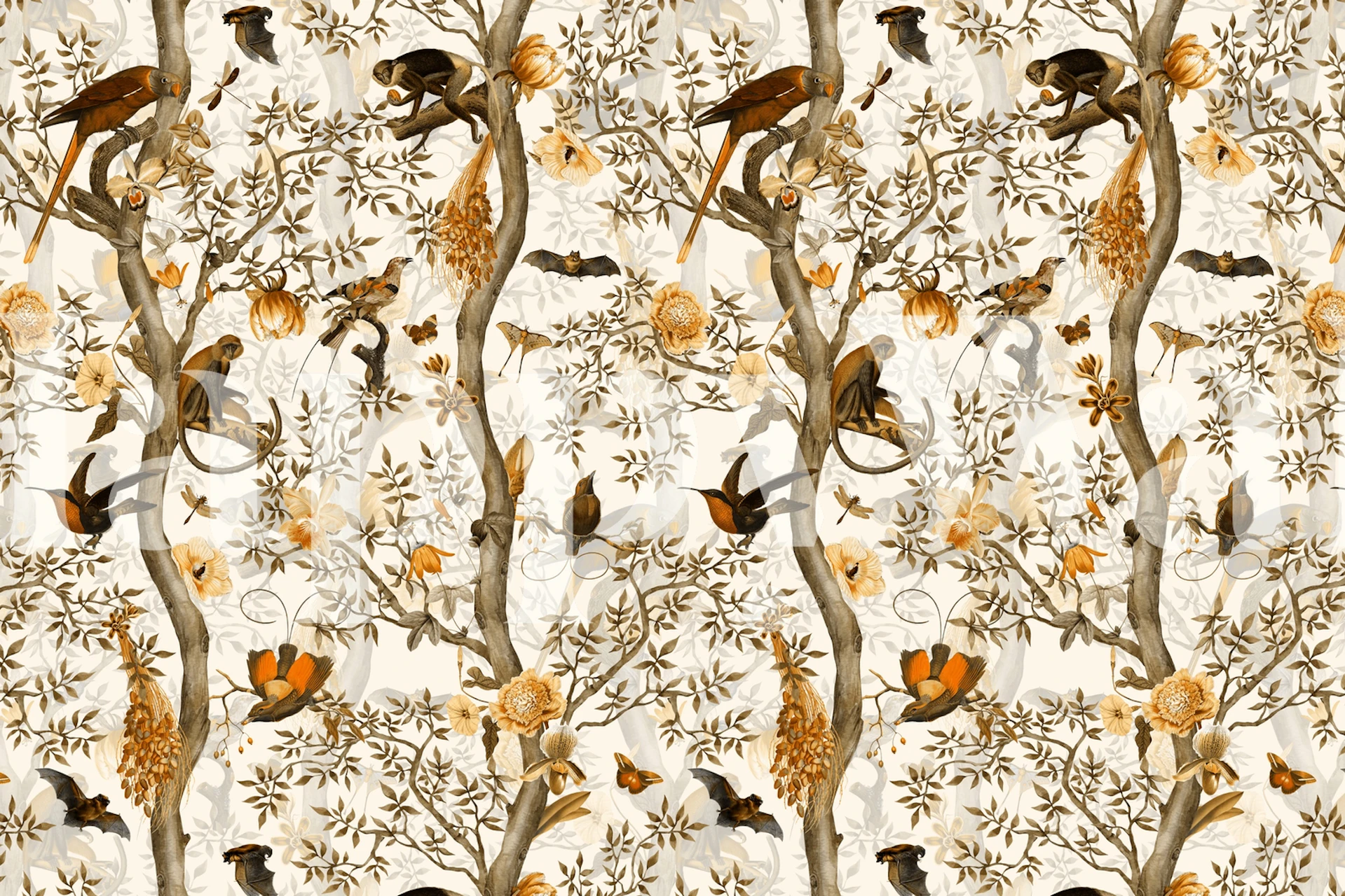 Monimuotoista Chinoiserie Wallpaper -kuosia, jossa on leikkisiä monkeys ja värikkäitä birds