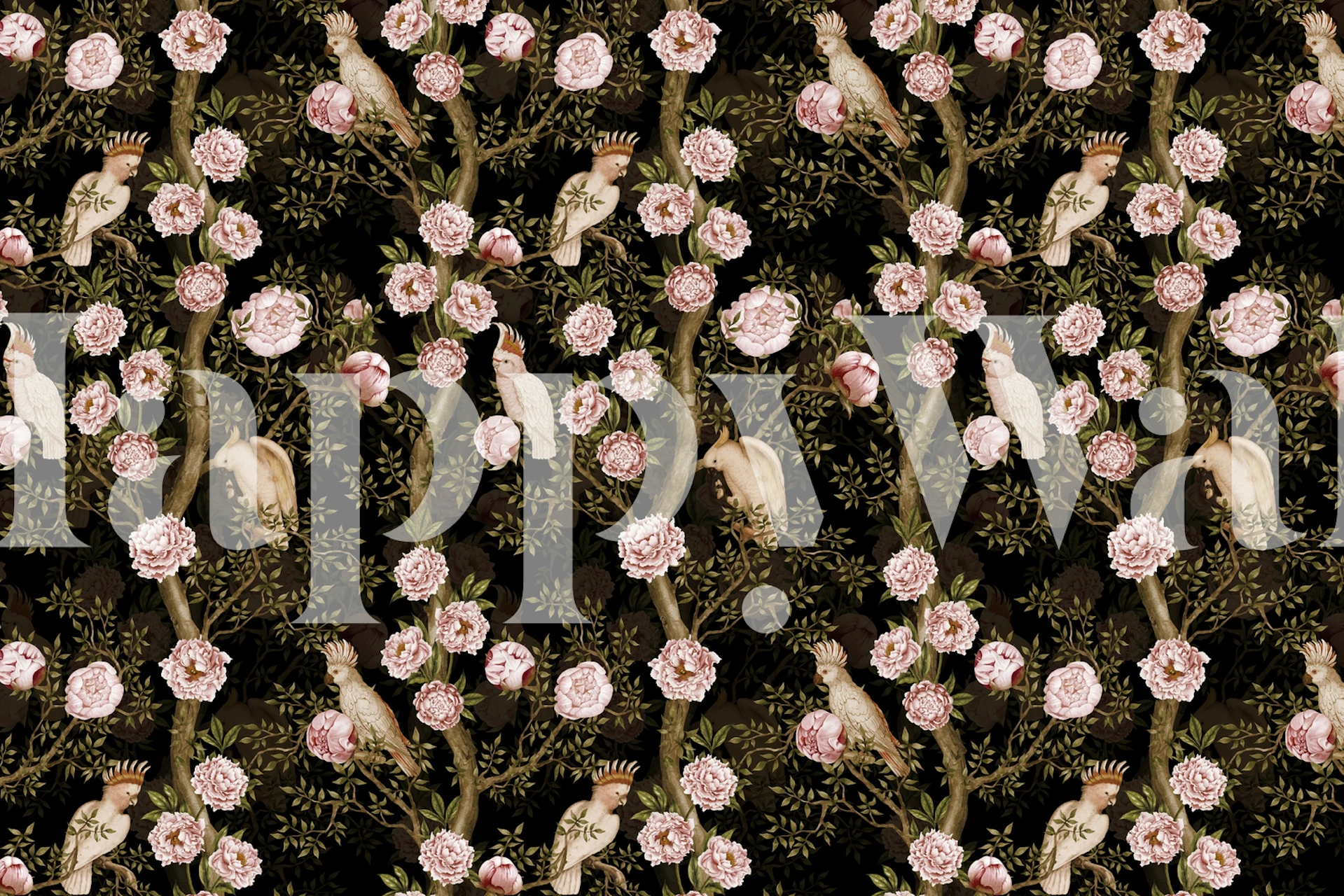 Chinoiserie floral wallpaper with birds and pink roses on dark background