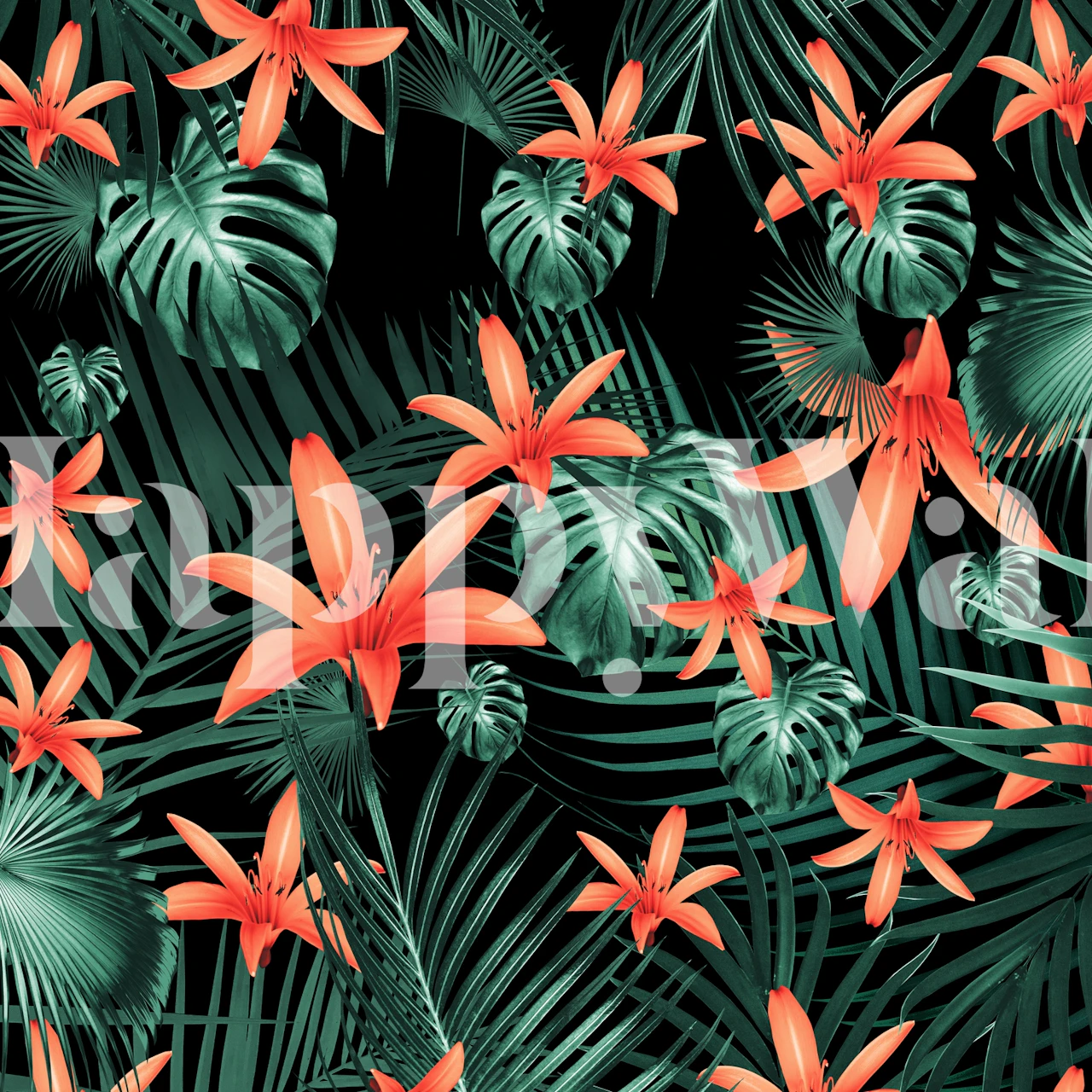 Vibrant tropical floral wallpaper featuring orange lilies and green monstera leaves.