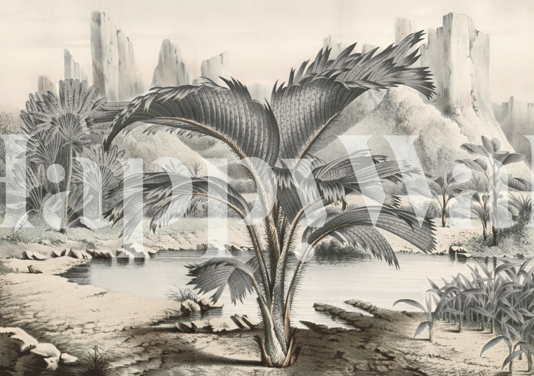 Palm trees and foliage in shades of gray on vintage landscape wallpaper