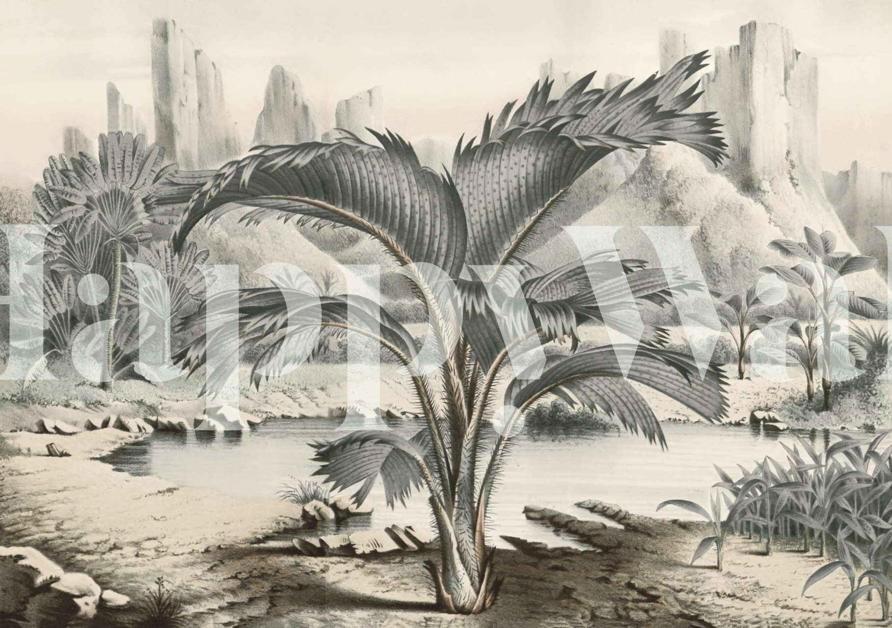 Vintage tropical palm tree design in muted colors wallpaper