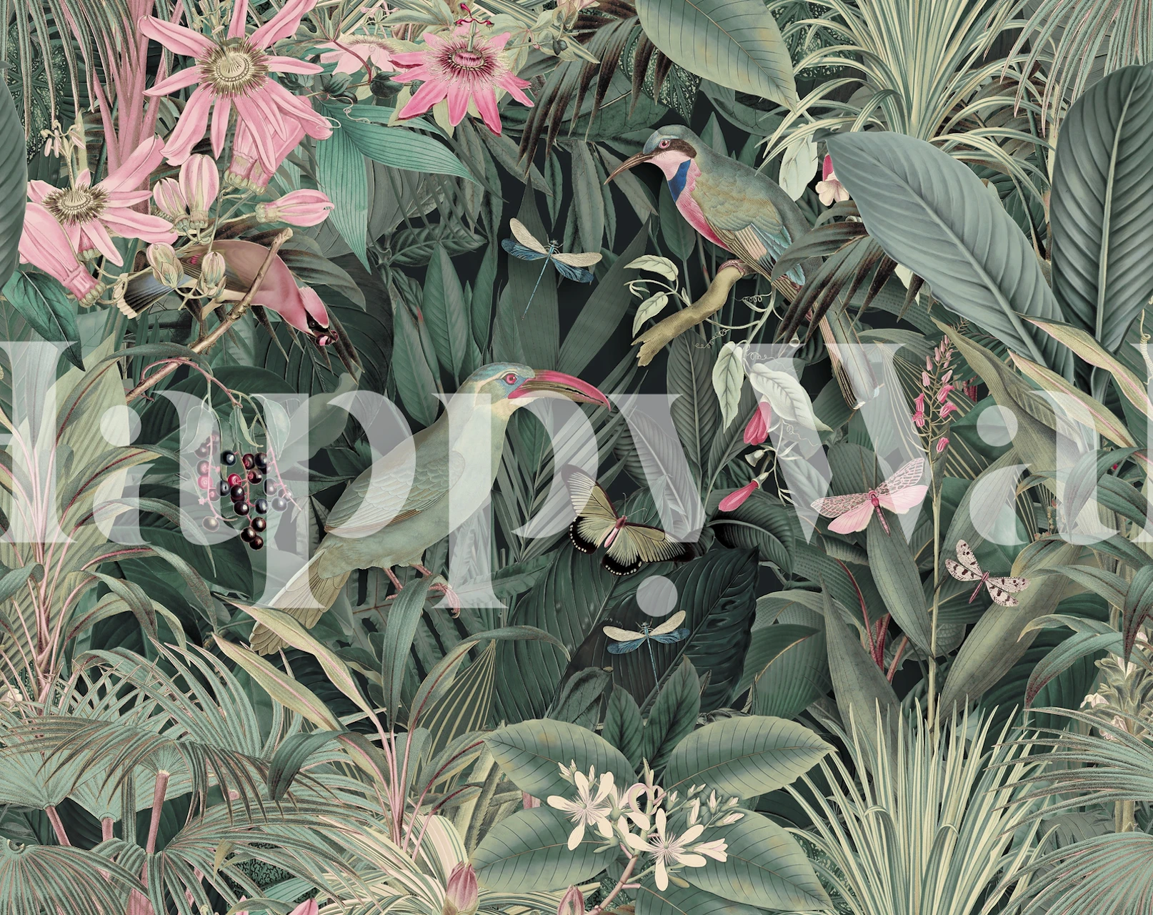 Tropical jungle with birds, flowers and greenery wallpaper