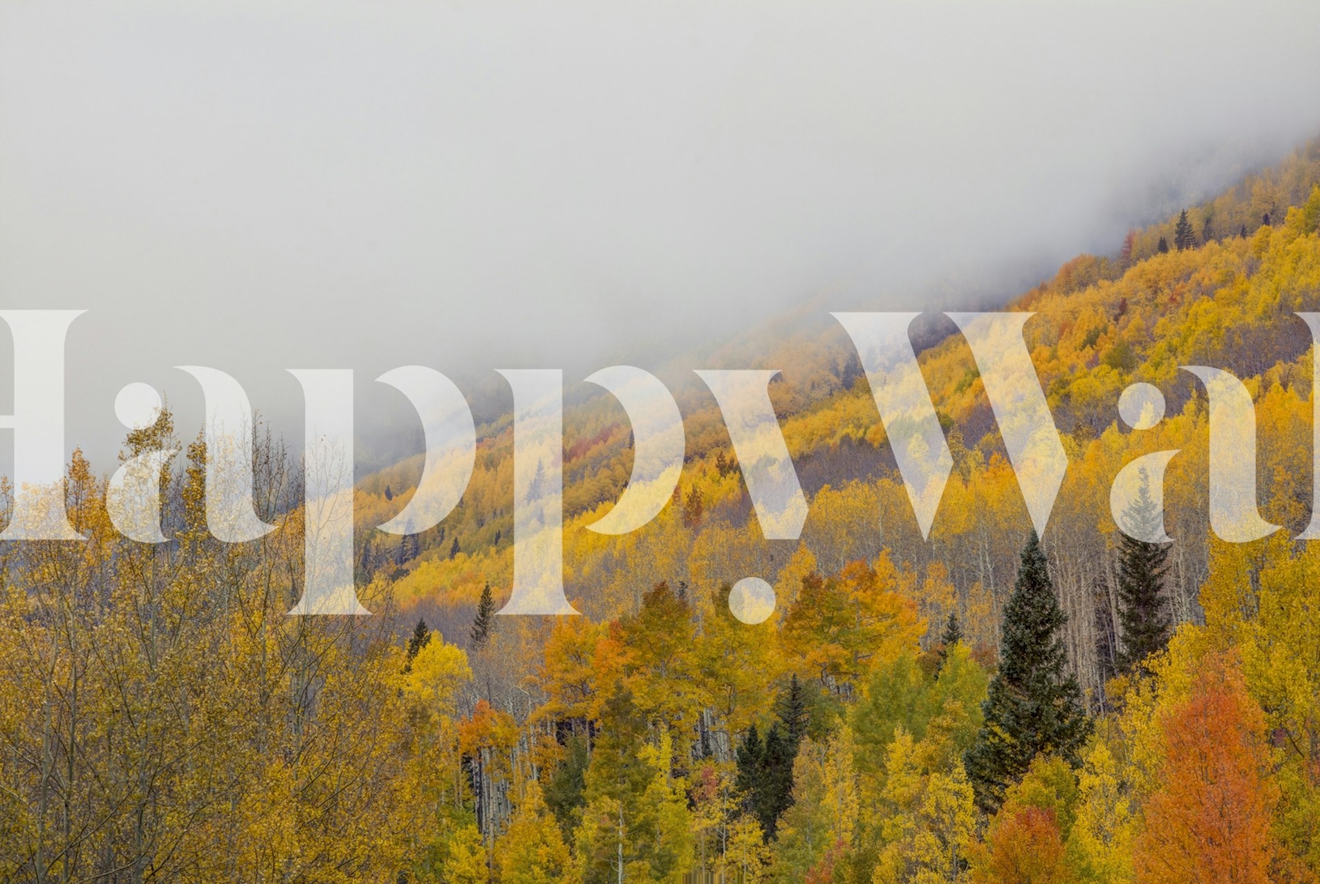 Høstskog veggmaleri med gylden gule og ravfargede blader