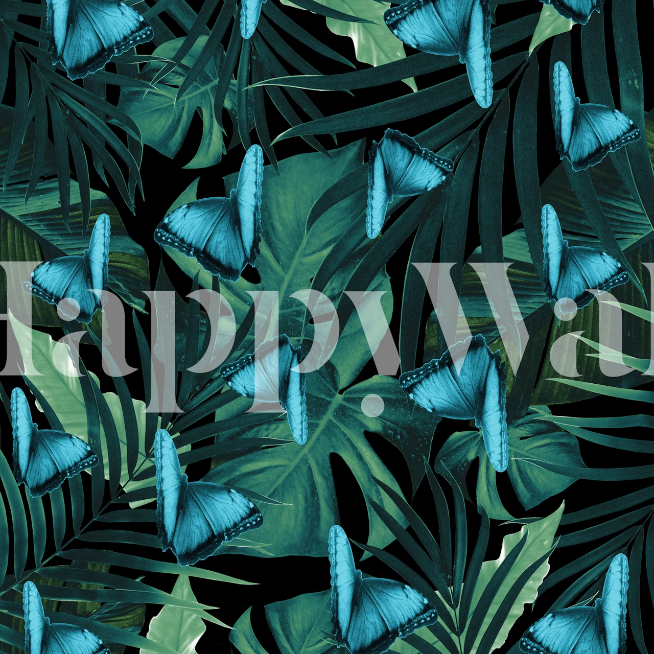 Tropical Butterfly Jungle wall mural with blue butterflies and green foliage.