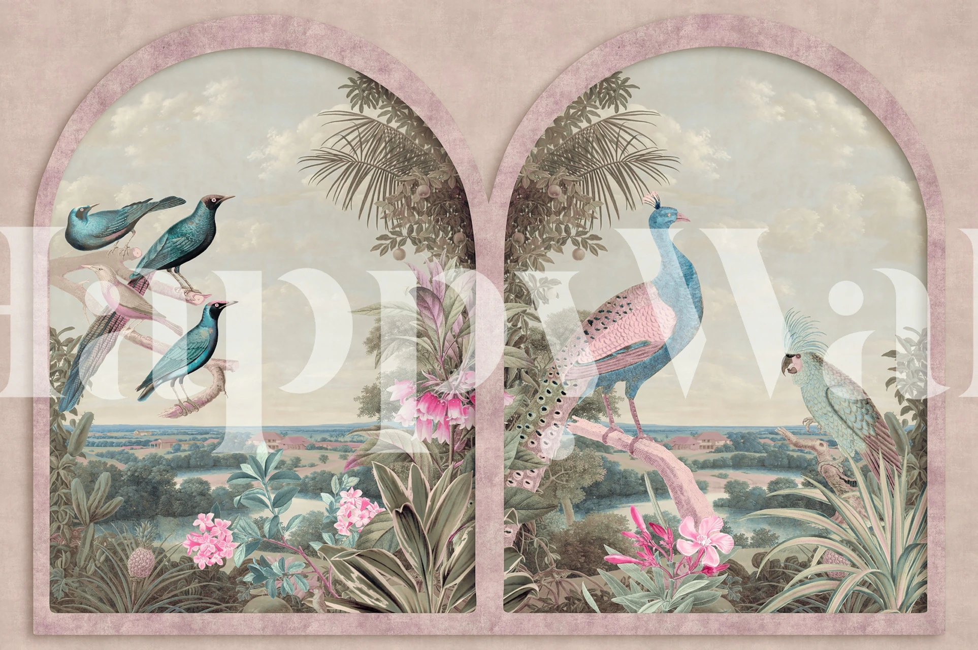 Tropical birds with pink and teal feathers, floral elements, vintage style wallpaper