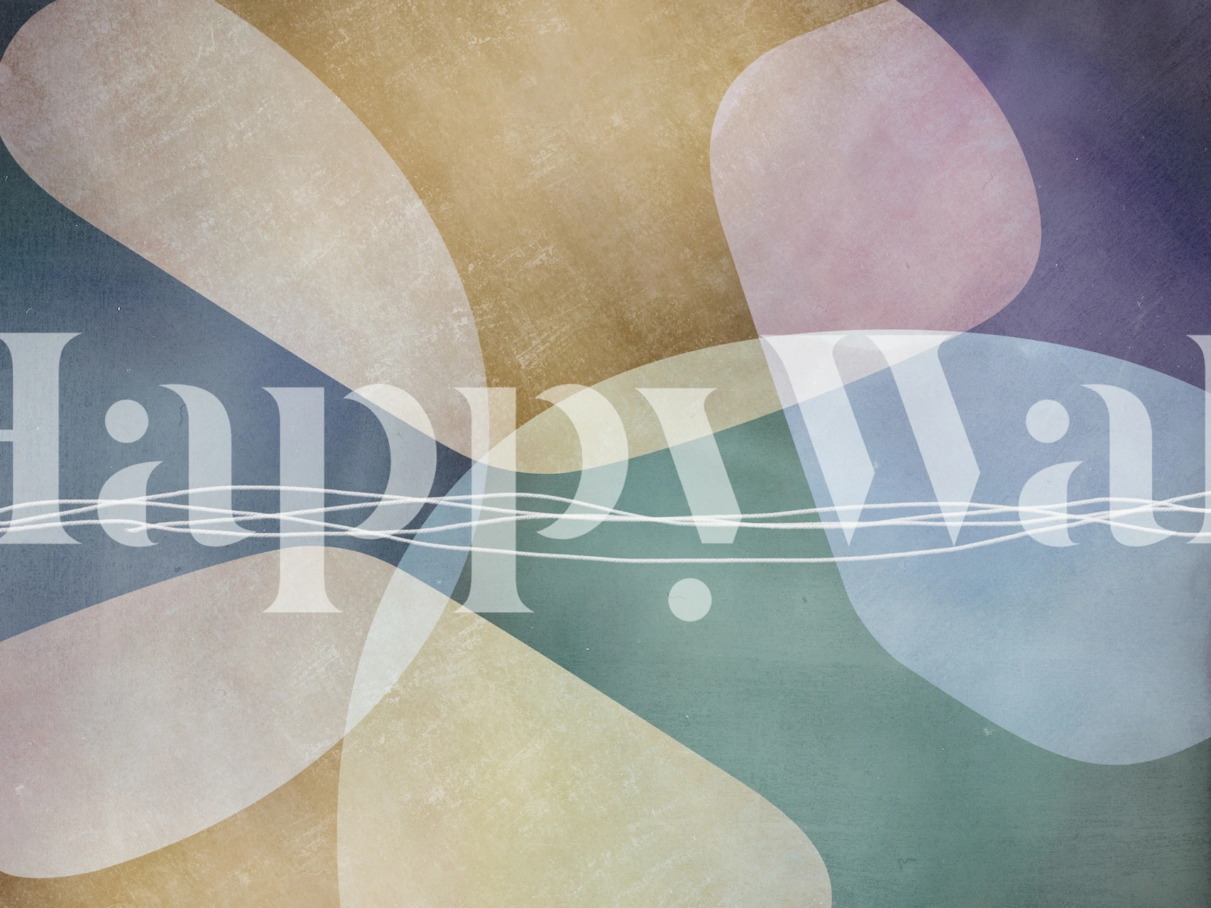 Abstract organic shapes mural with soft pastels in gentle shades of blue, beige, and grey.