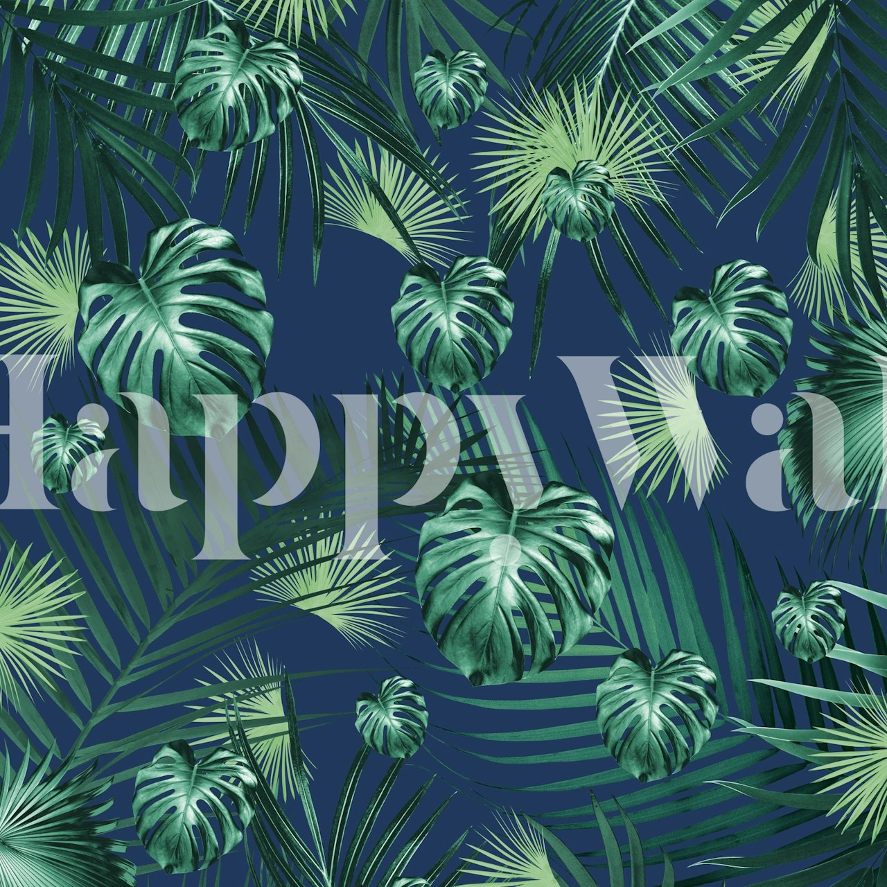 Tropical leaves in shades of green on dark blue wallpaper