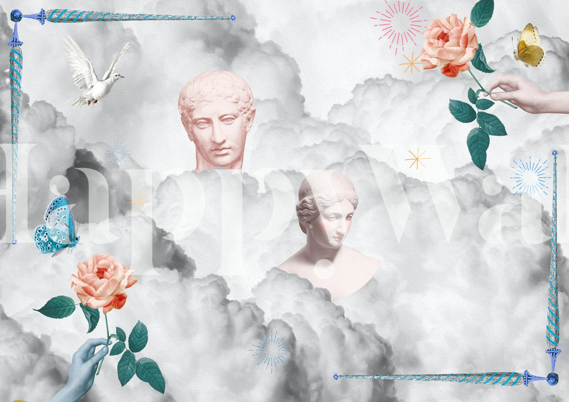 Klasične figure i zidni mural s cvjetnim dizajnom s pozadinom sanjivih oblaka.