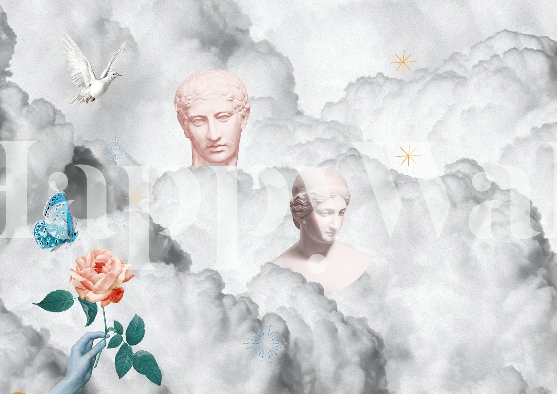 Vintage aesthetic wallpaper featuring sculptures and flowers in soft clouds