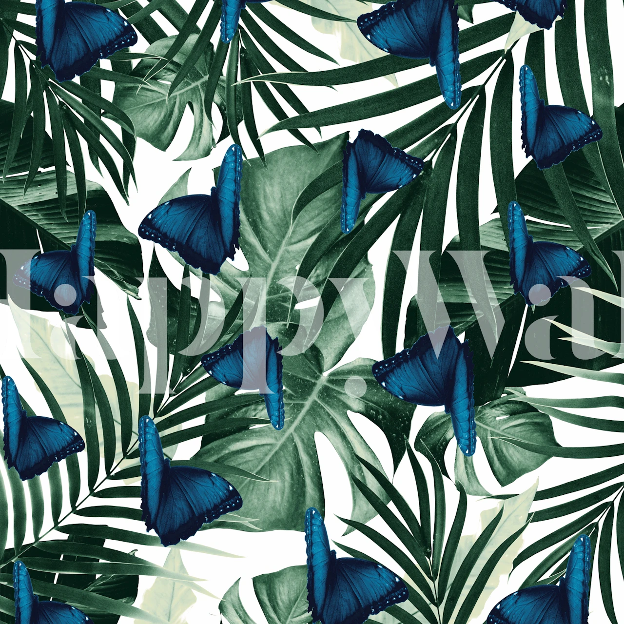 Blue butterflies on tropical jungle leaves wall mural