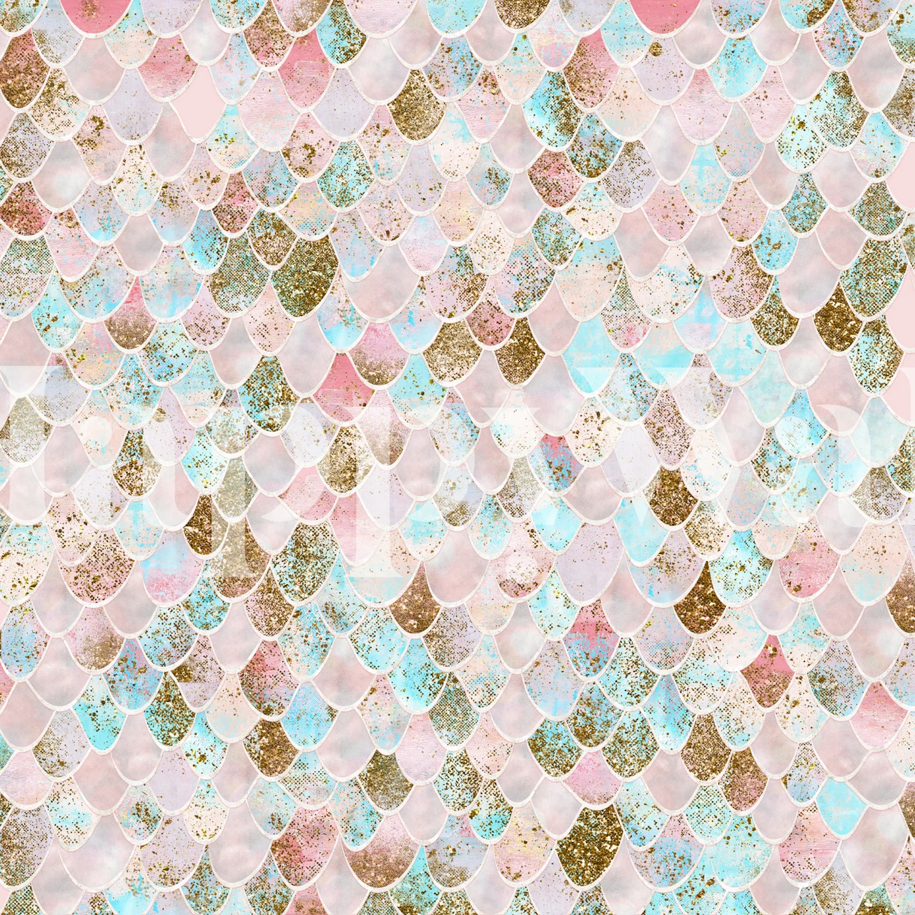 Mermaid scales pattern in pastel pink, blue, and gold tones wallpaper