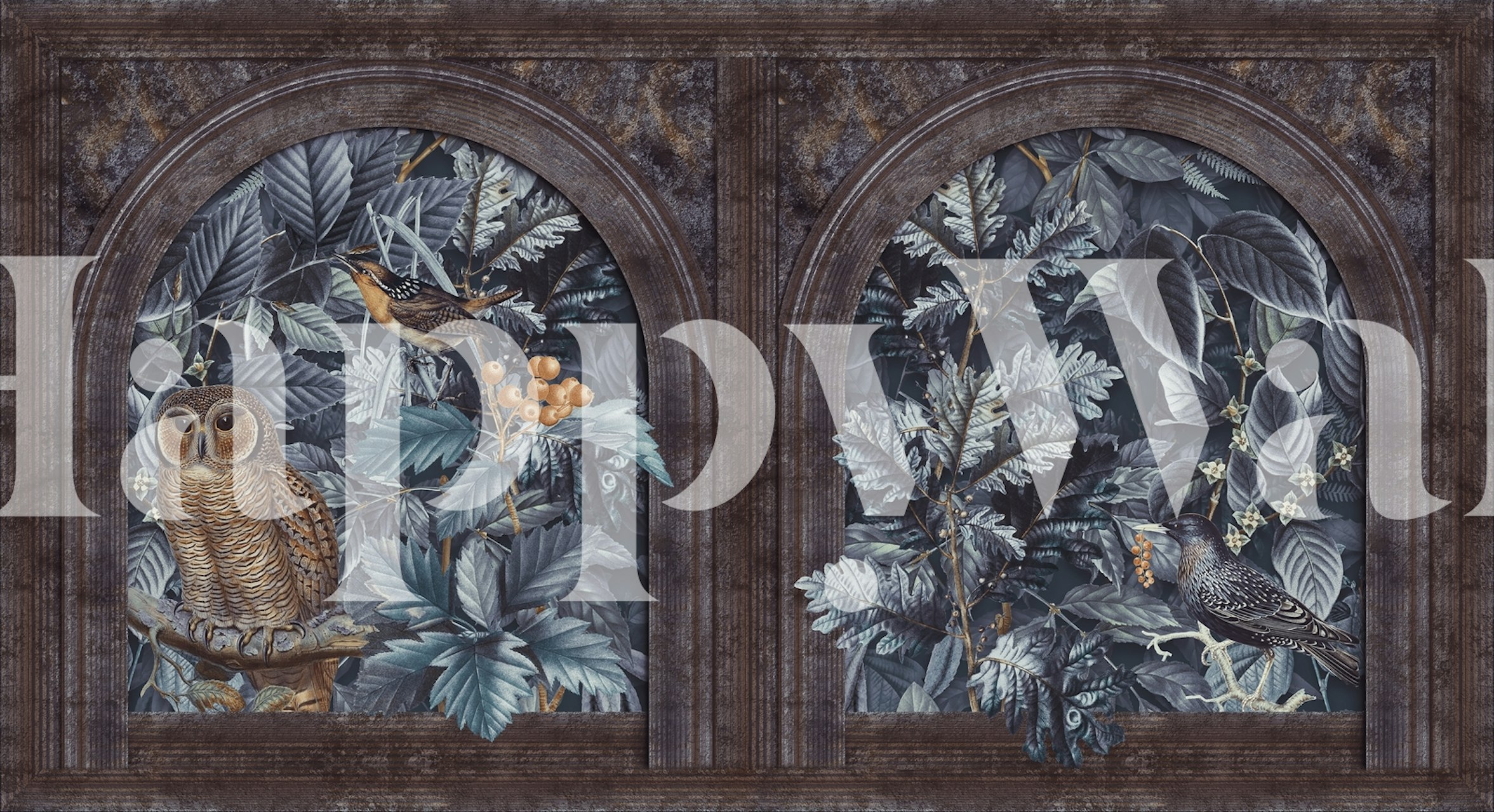 Midnight Owl Forest wall mural with gothic arches, moonlit scenery, and an owl perched on a branch.