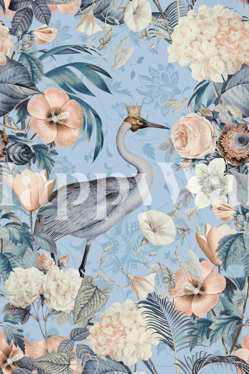 Crane King Blue Cream wallpaper in a room