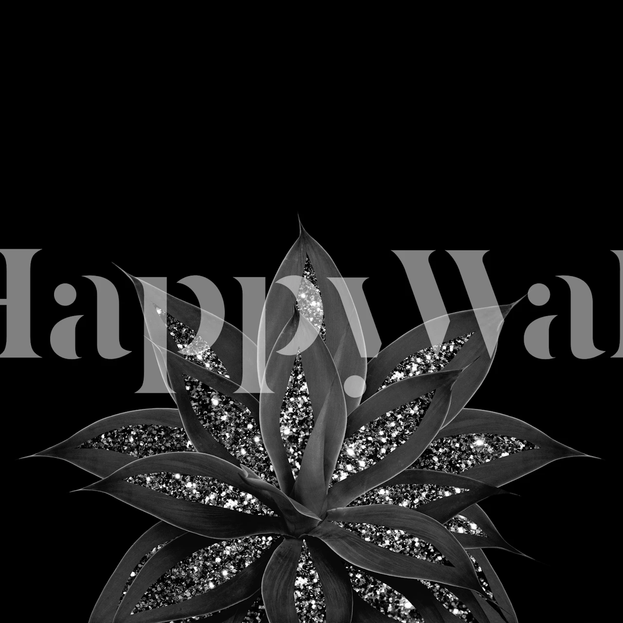 Black and silver agave plant wallpaper with glitter details