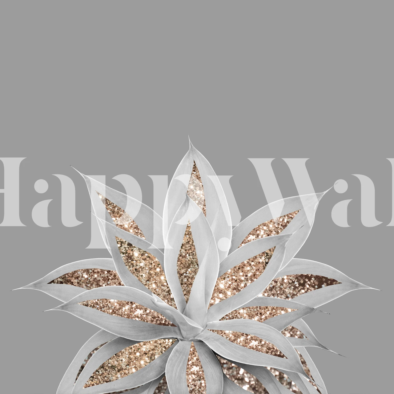 Wandtapete Graue Agavenpflanzensilhouette mit goldenen Glitzerakzenten