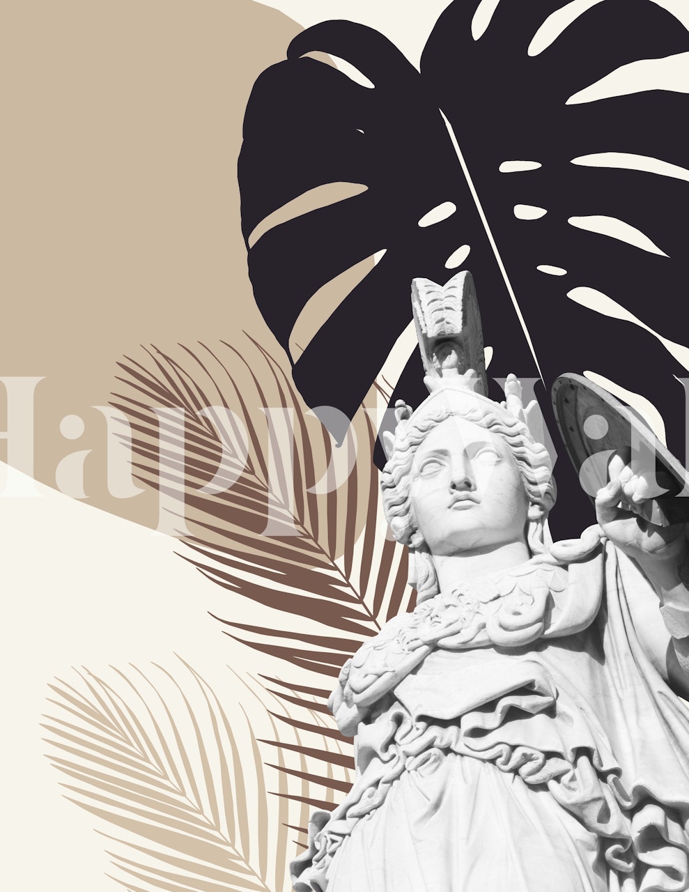 Monochrome abstract wallpaper featuring a statue and tropical leaves