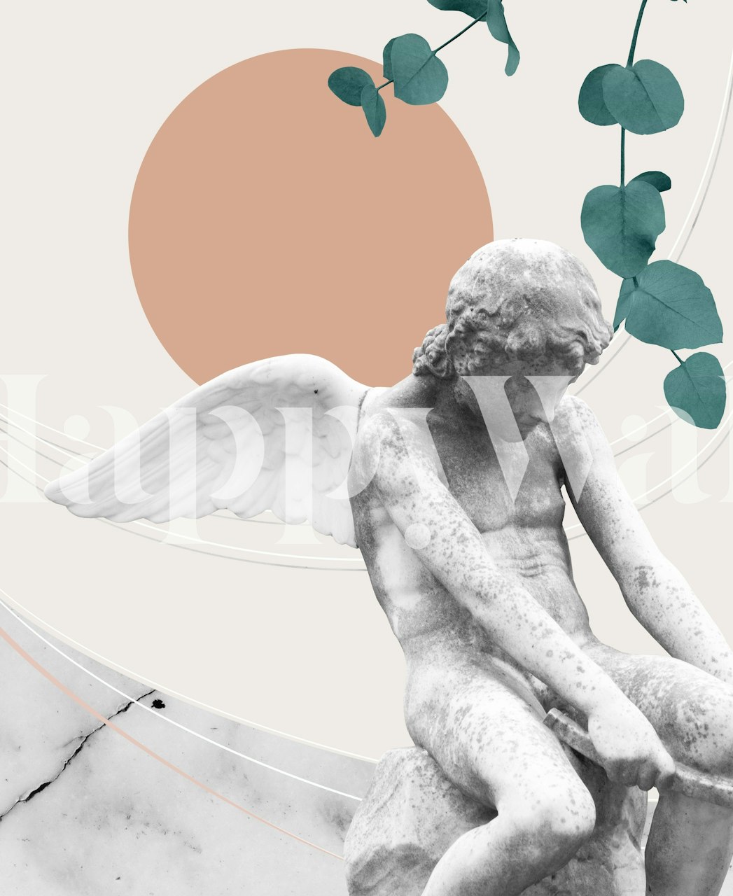 Eros Abstract Finesse wall mural with cherub, marble textures, geometric shapes, and botanical elements.