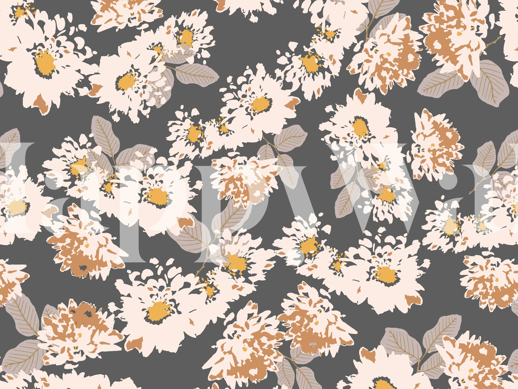 Fotomural floral color carbón y crema con diseño de hoja perenne