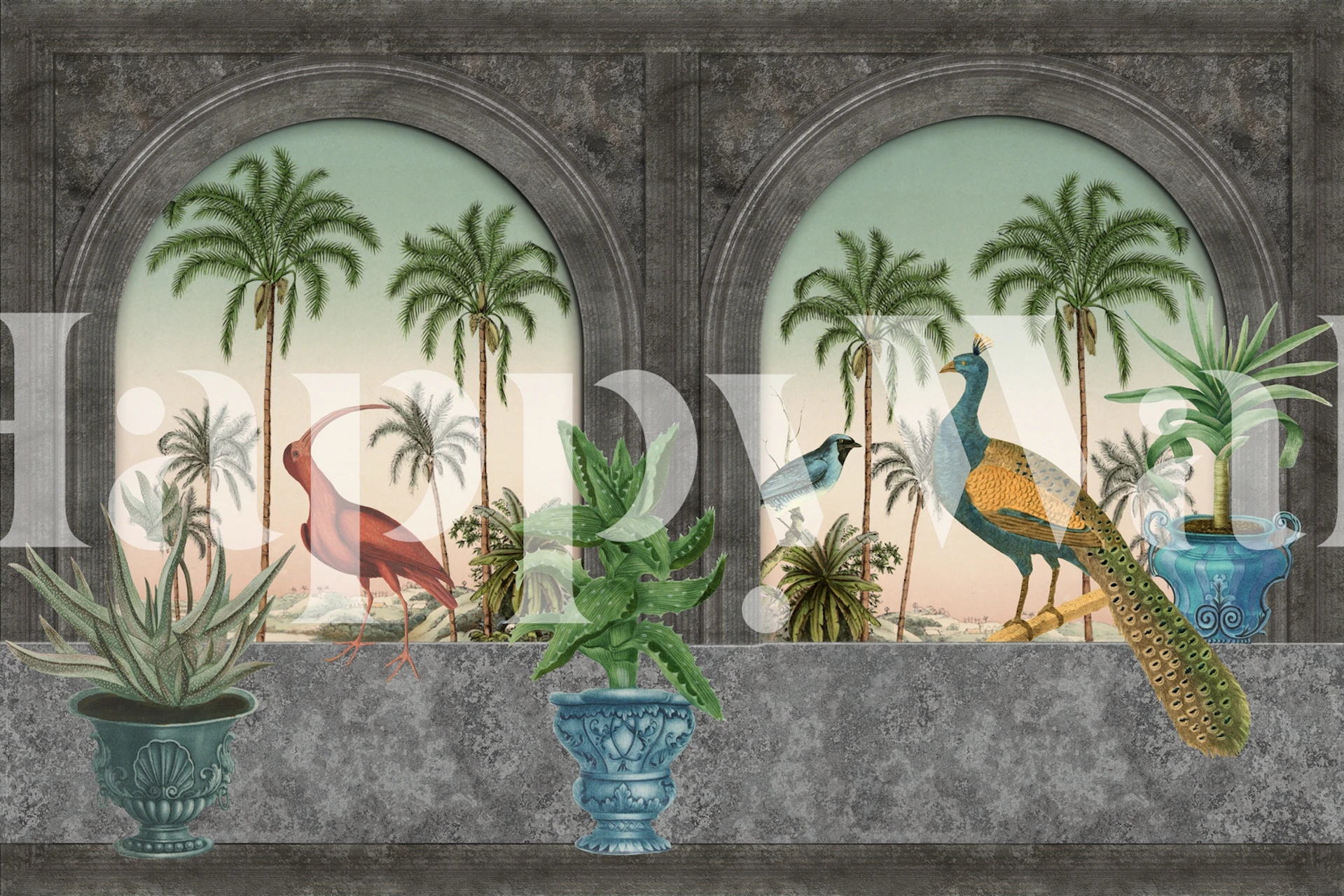 Vintage wallpaper design med Window With Birds Vintage Art och växter
