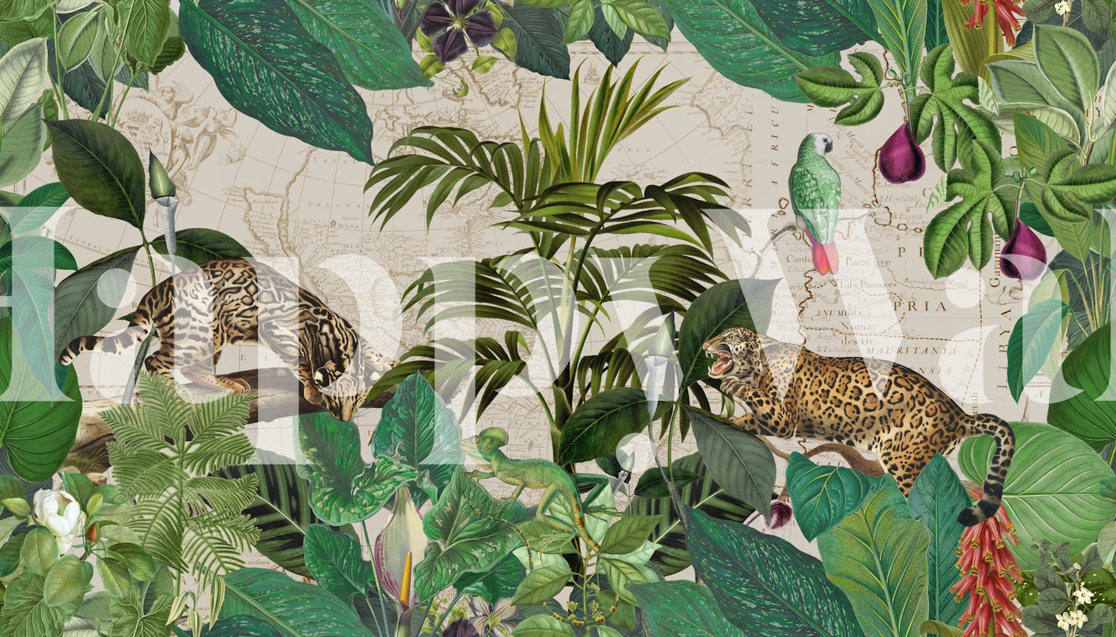 Wall mural of two wild jungle cats amid a dense tropical leaf pattern with subtle floral accents.