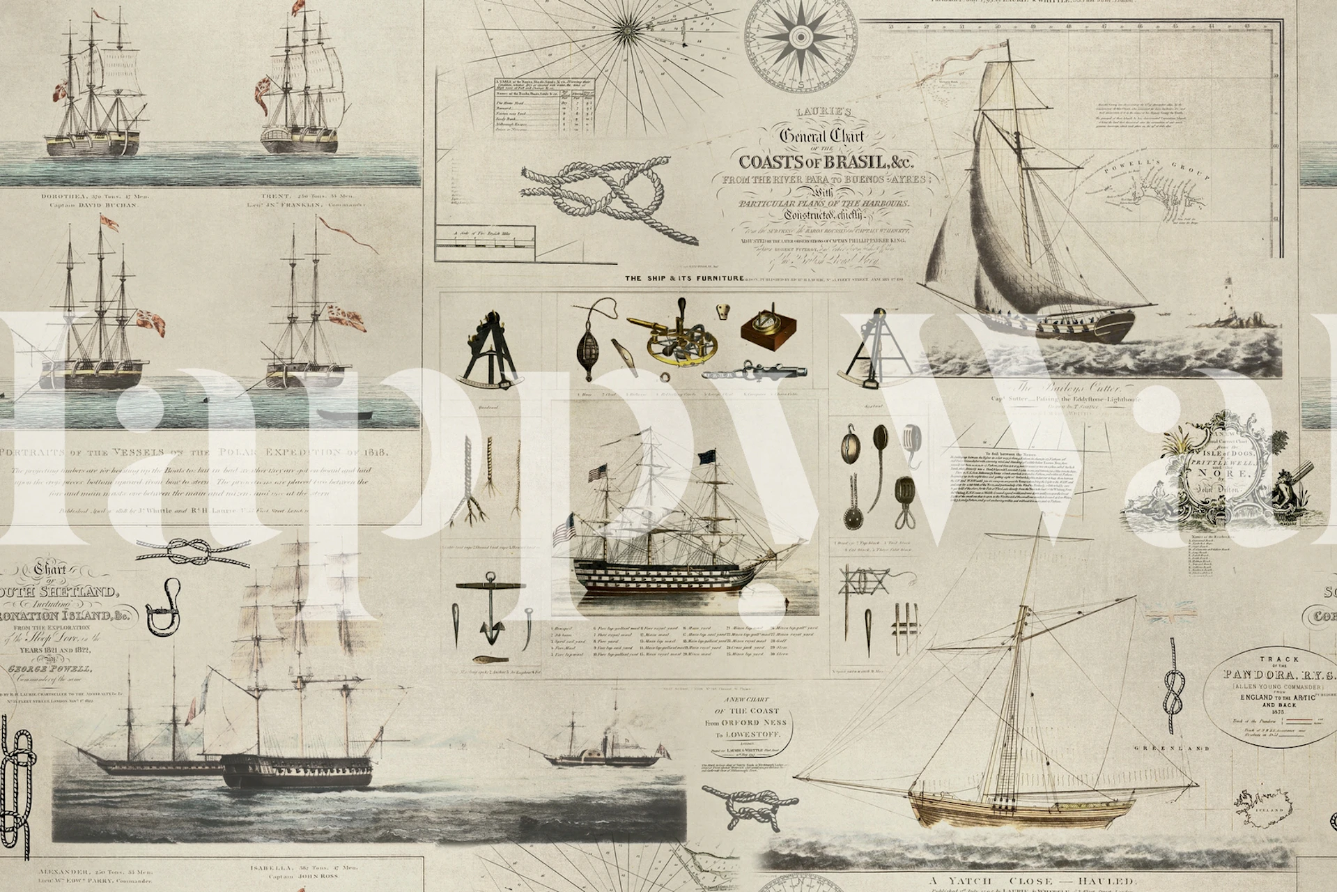 Vintage nautical themed wallpaper with ships and maps